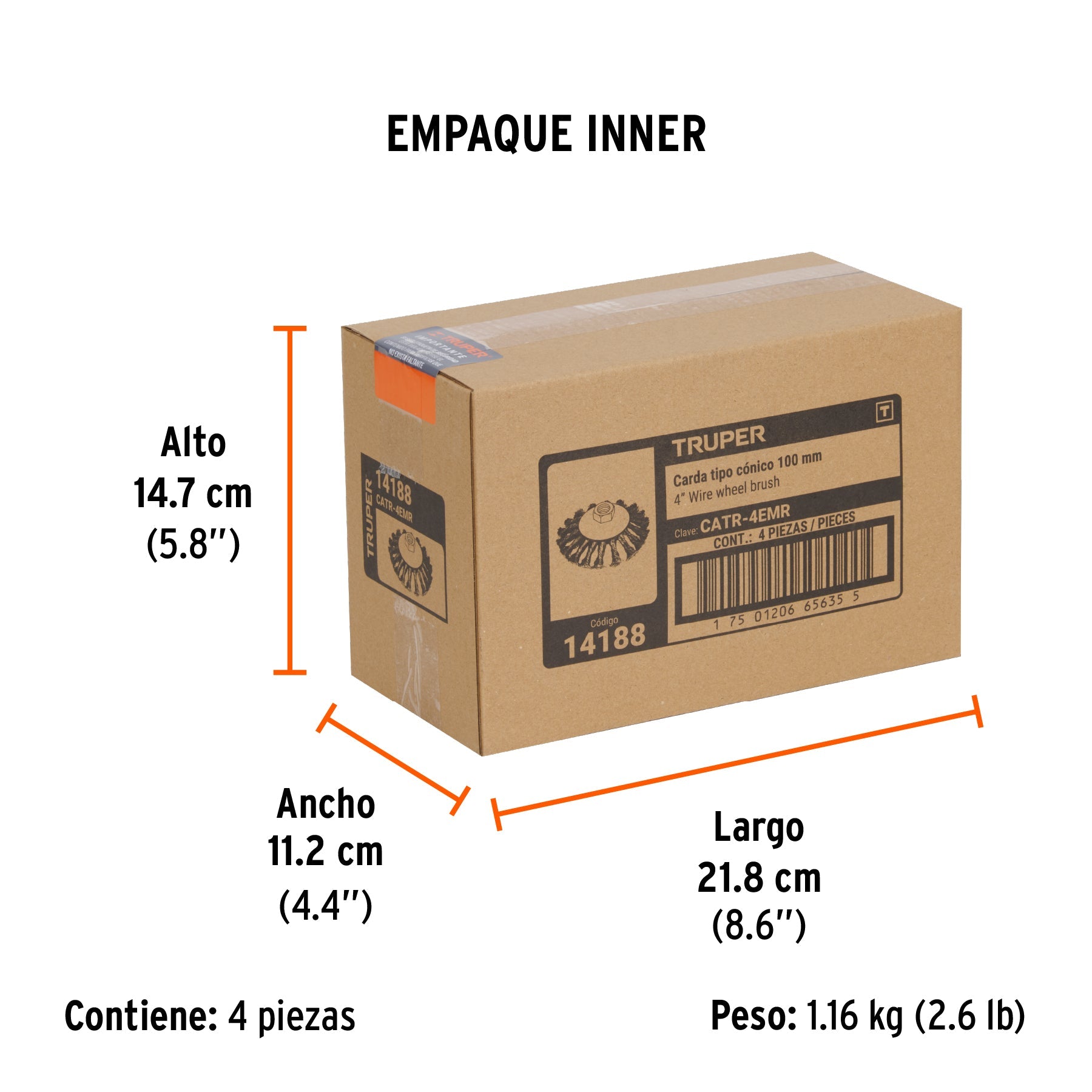 Carda tipo cónico 4" alambre trenzado, multi-rosca, TRUPER - Empaque