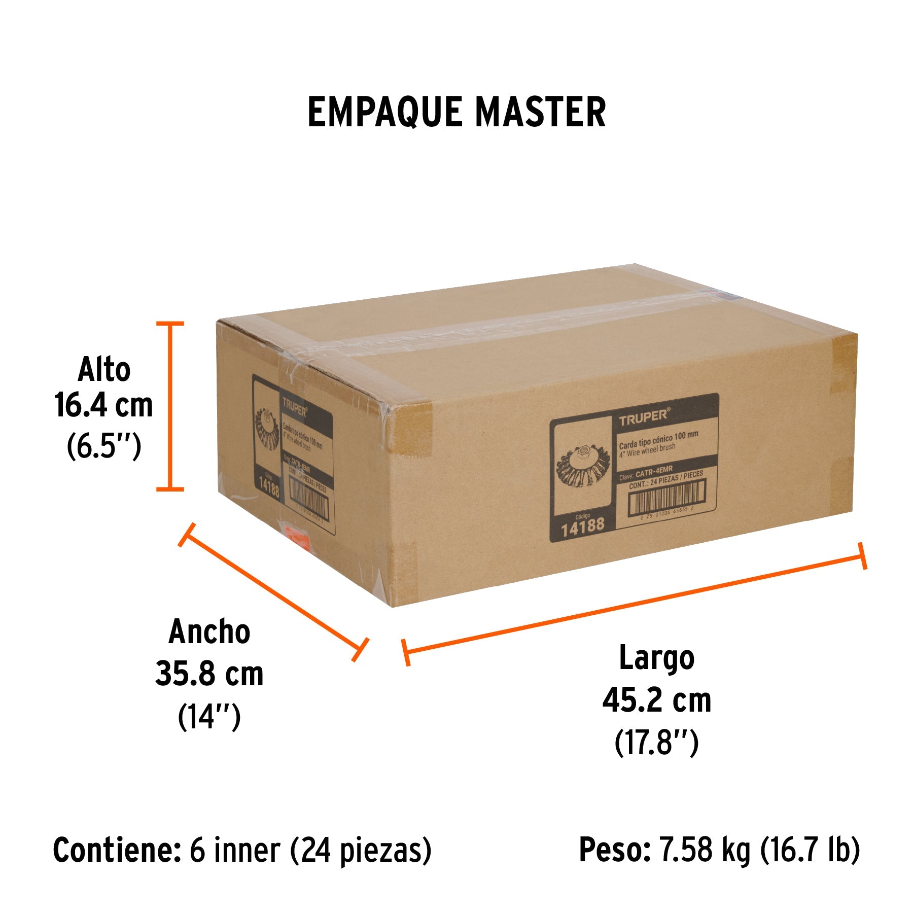 Carda tipo cónico 4" alambre trenzado, multi-rosca, TRUPER - Empaque