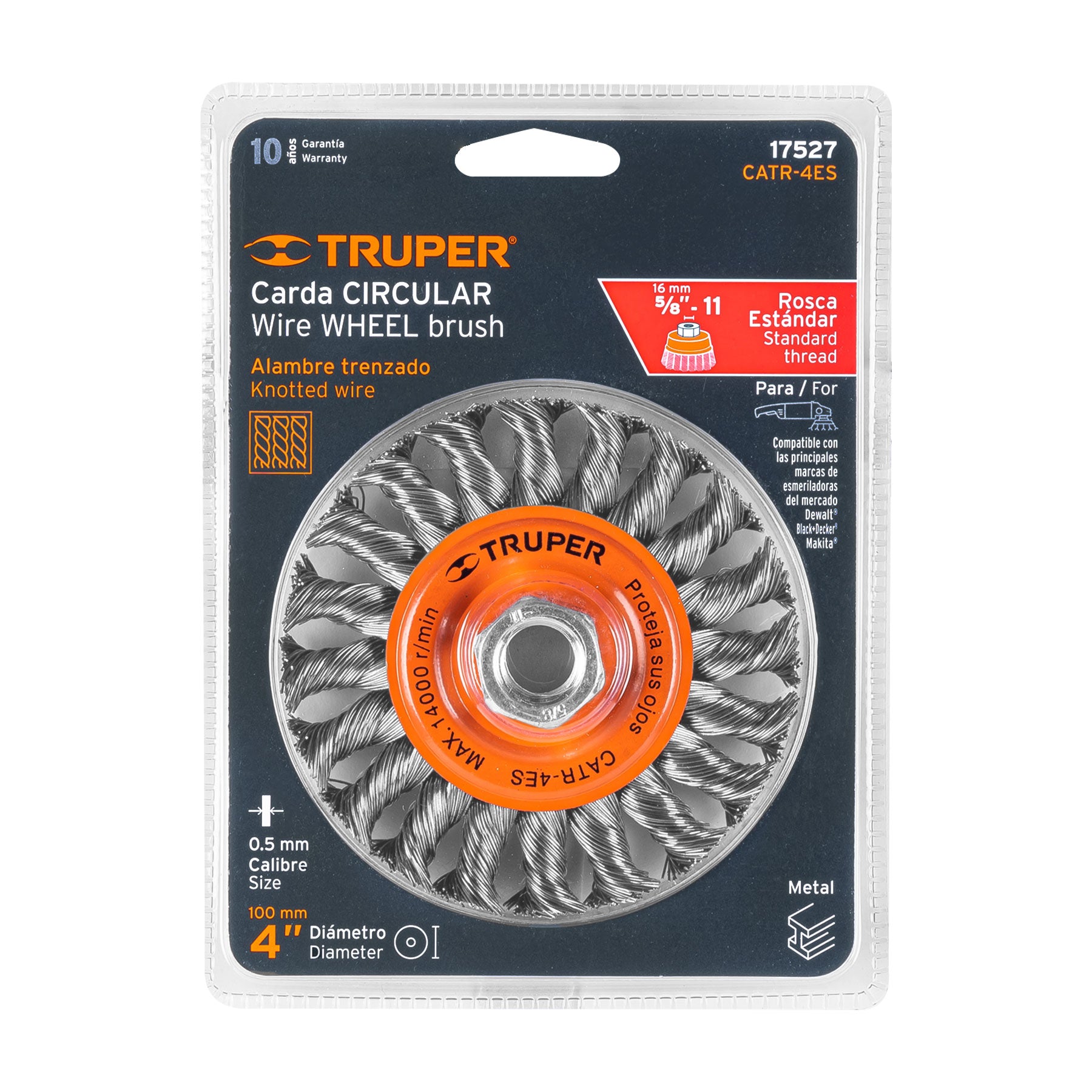 Carda circular 4" alambre trenzado, eje 5/8"-11, TRUPER