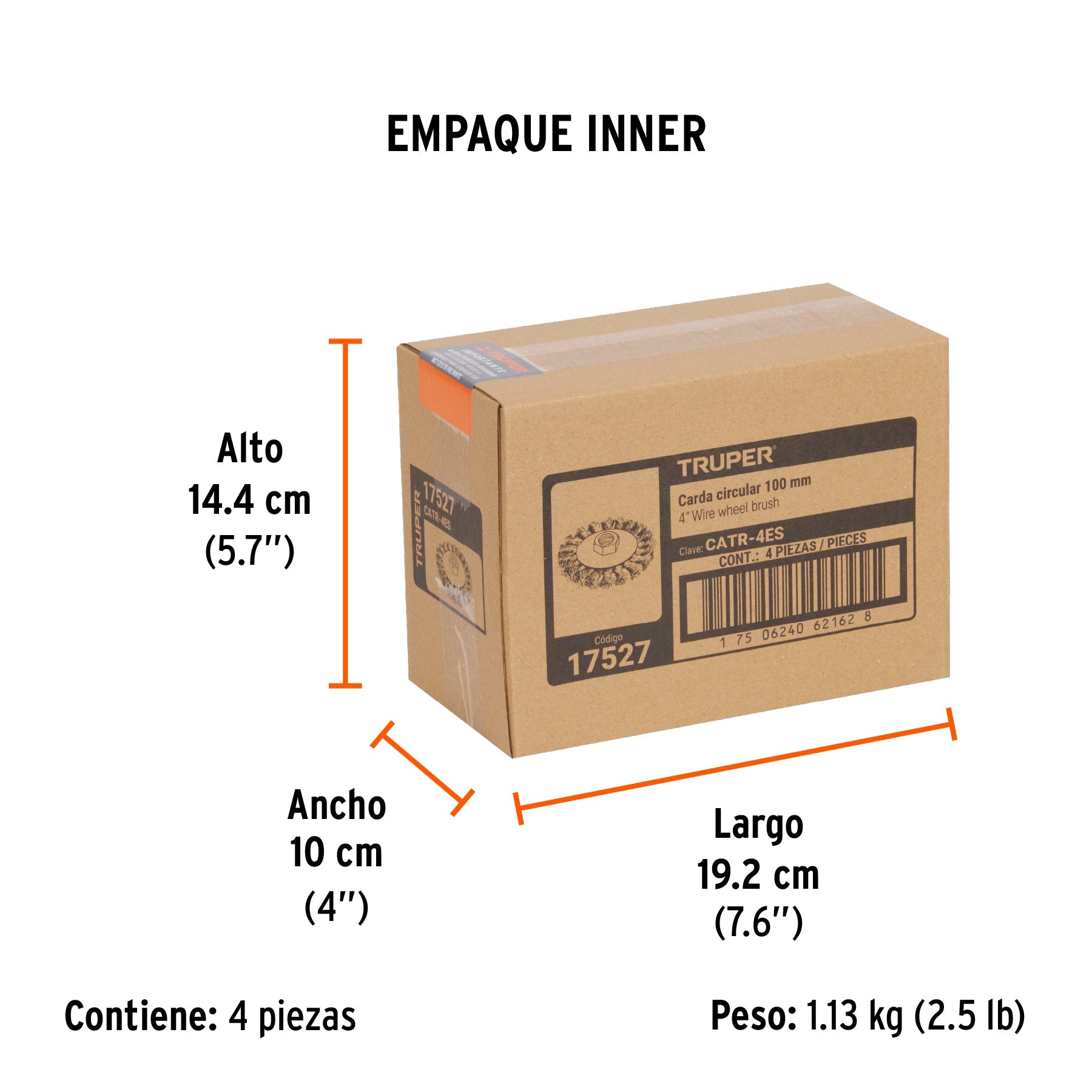 Carda circular 4" alambre trenzado, eje 5/8"-11, TRUPER - Empaque