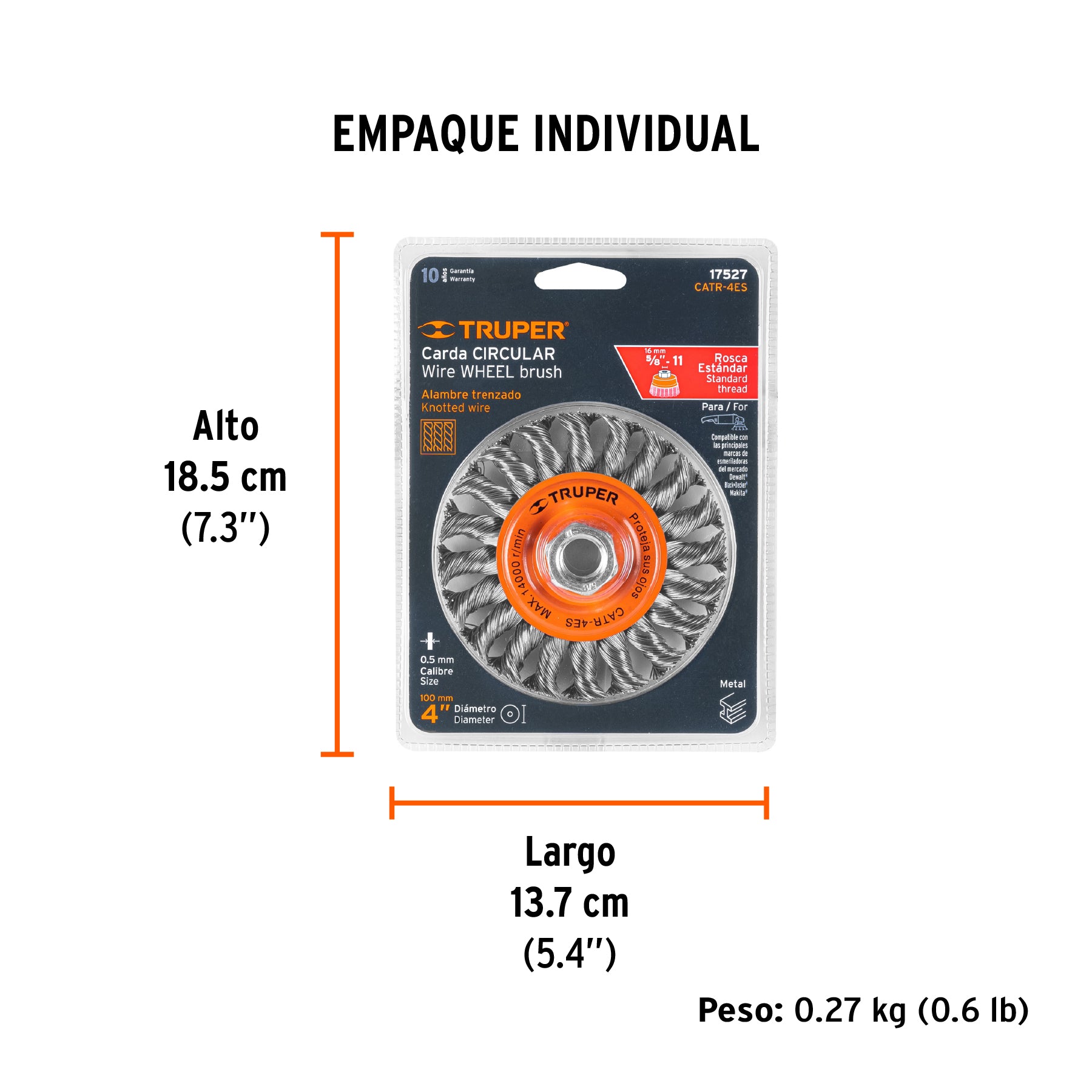 Carda circular 4" alambre trenzado, eje 5/8"-11, TRUPER - Empaque