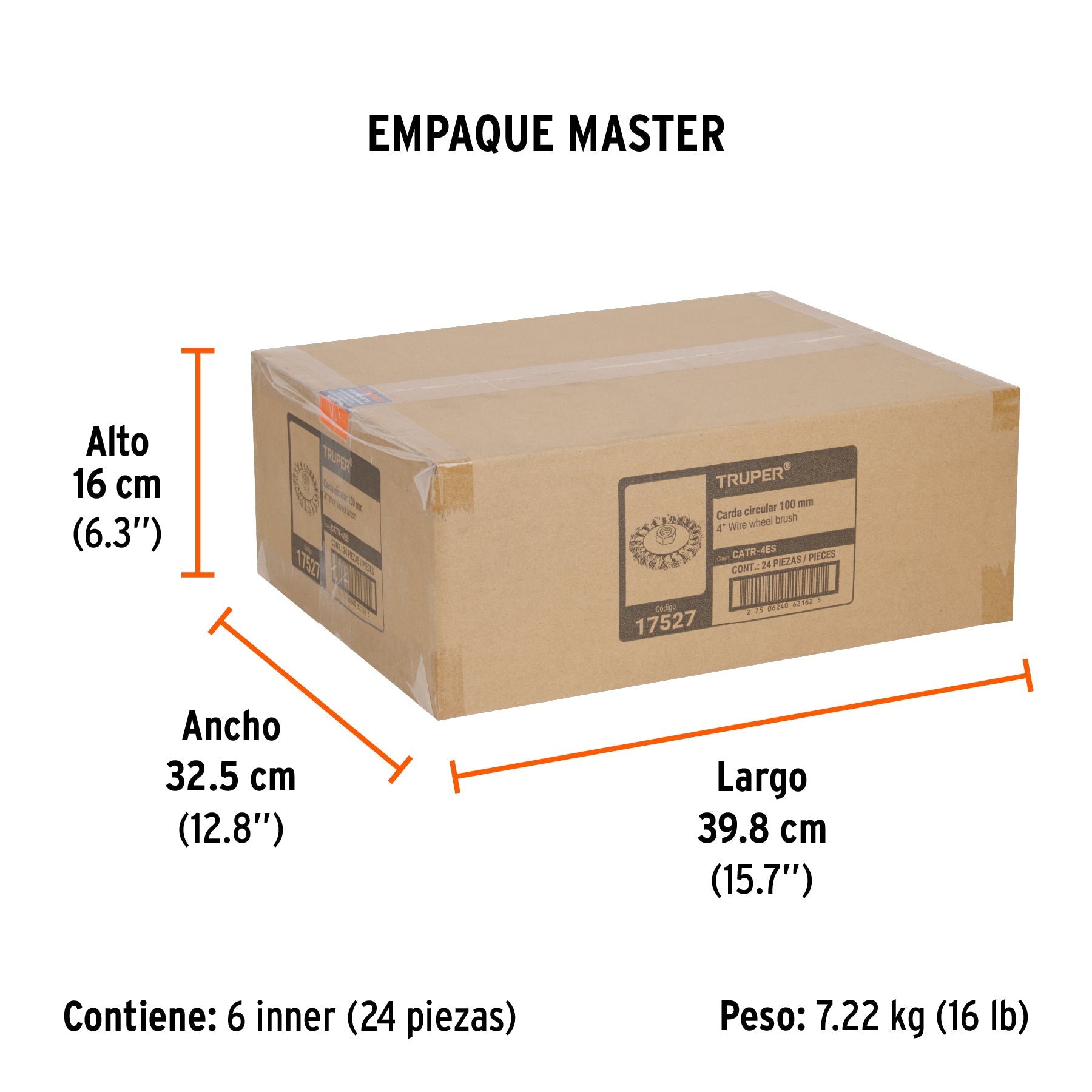 Carda circular 4" alambre trenzado, eje 5/8"-11, TRUPER - Empaque