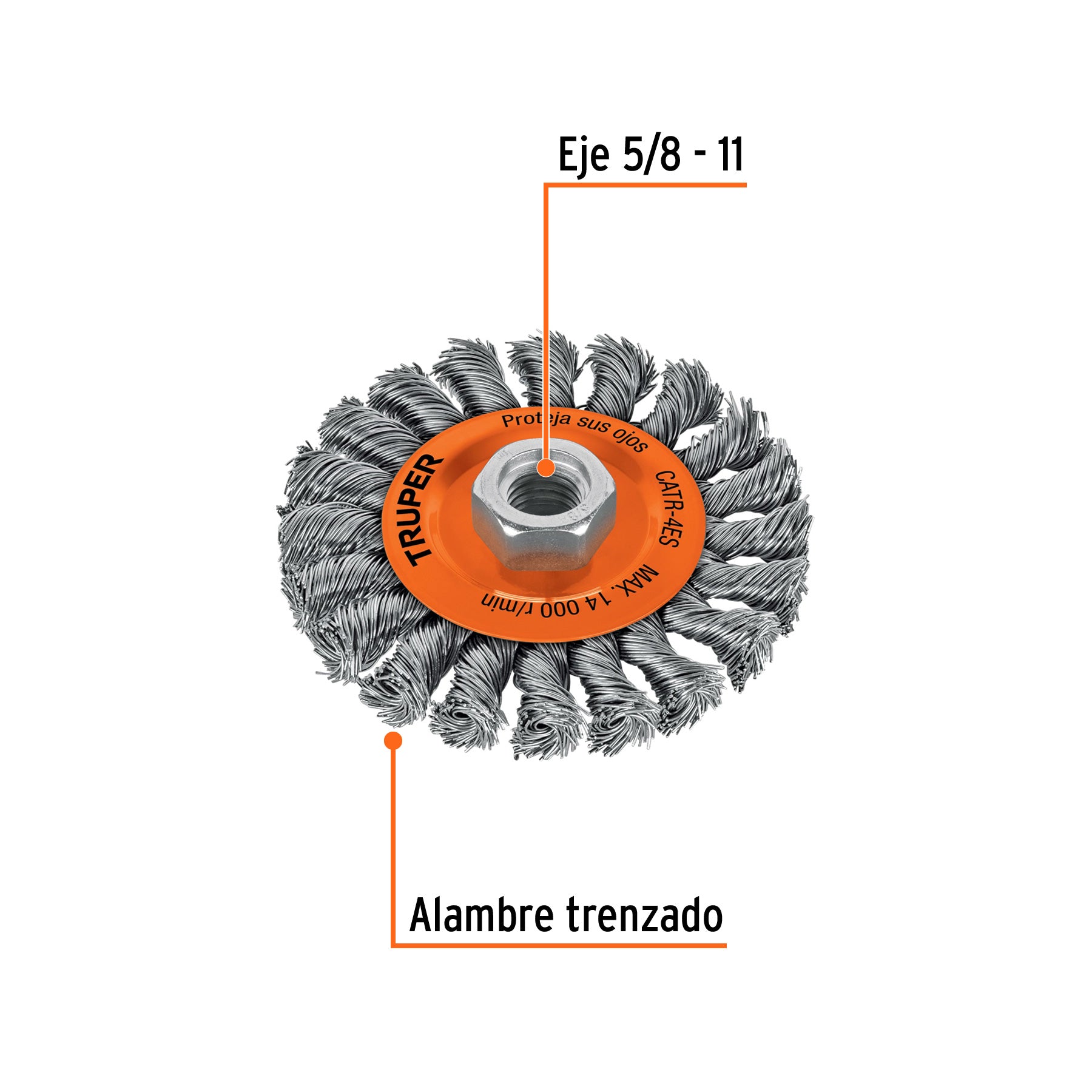 Carda circular 4" alambre trenzado, eje 5/8"-11, TRUPER