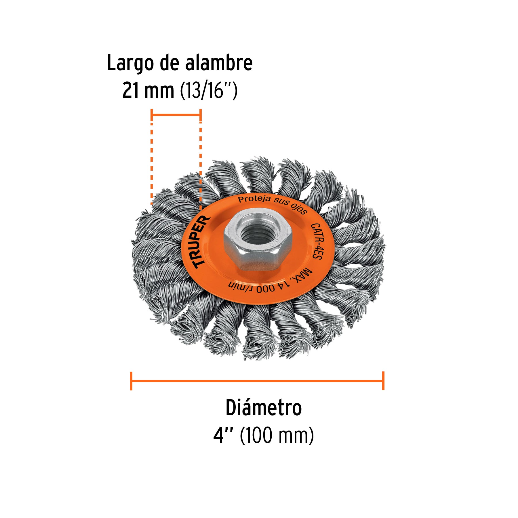 Carda circular 4" alambre trenzado, eje 5/8"-11, TRUPER