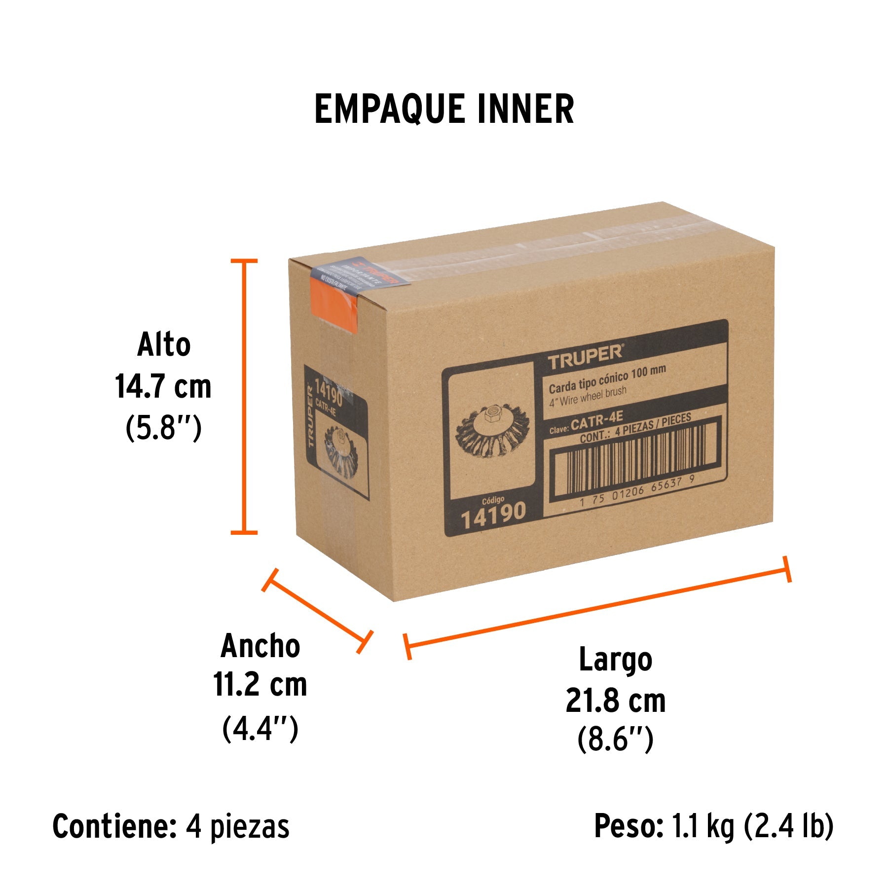 Carda tipo cónico 4" alambre trenzado, eje 5/8"-11, TRUPER - Empaque