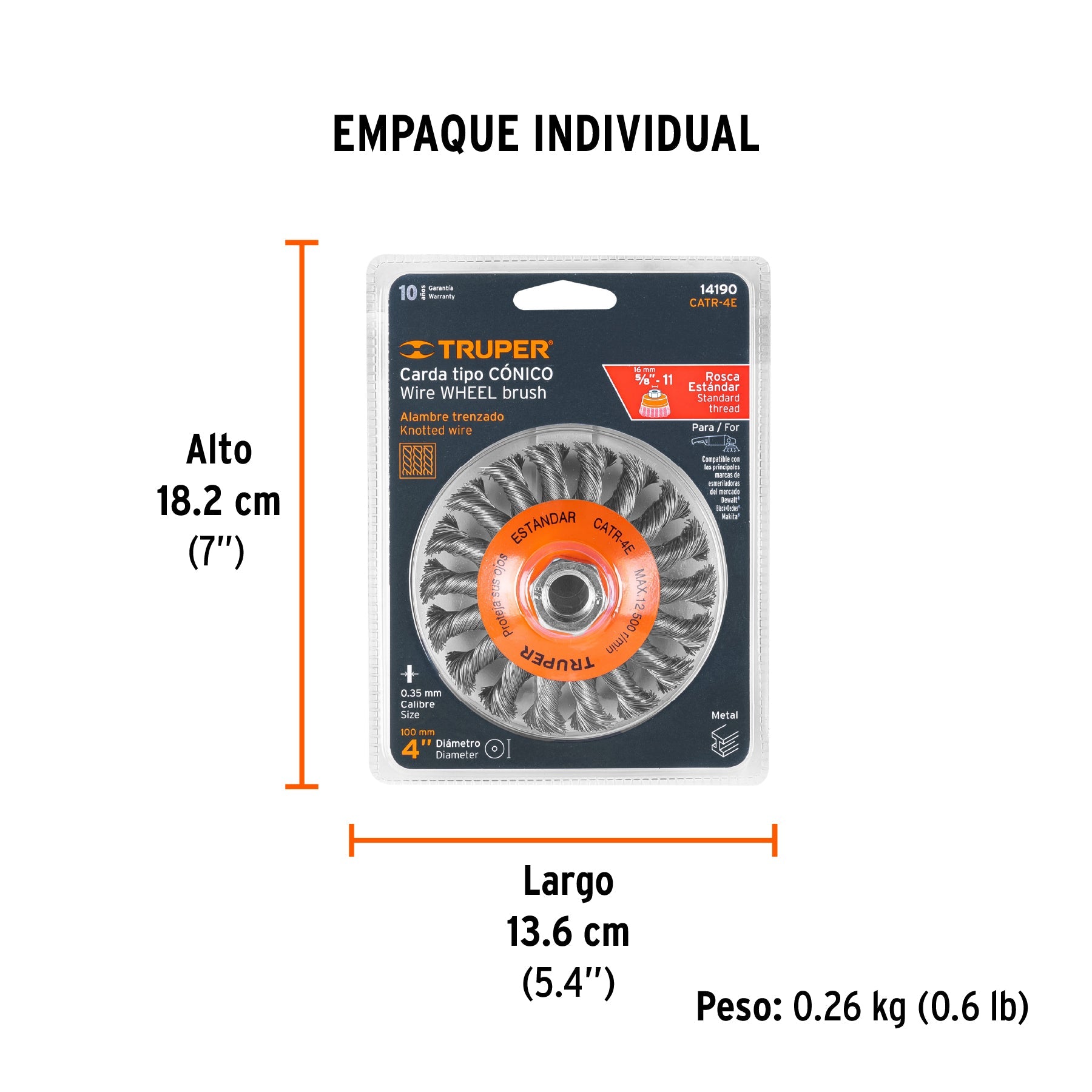 Carda tipo cónico 4" alambre trenzado, eje 5/8"-11, TRUPER - Empaque