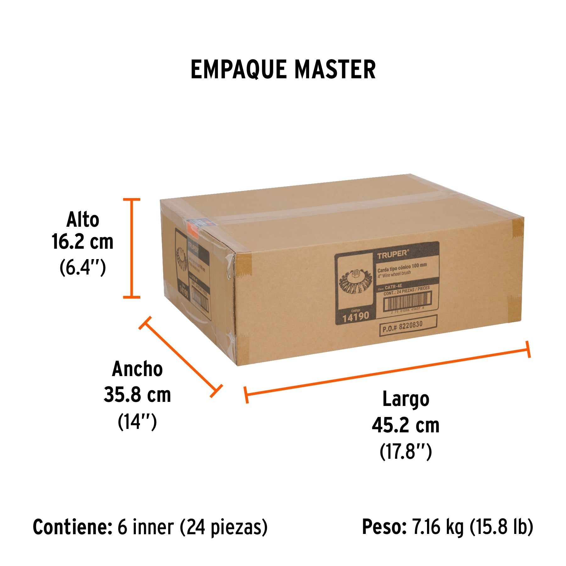 Carda tipo cónico 4" alambre trenzado, eje 5/8"-11, TRUPER - Empaque
