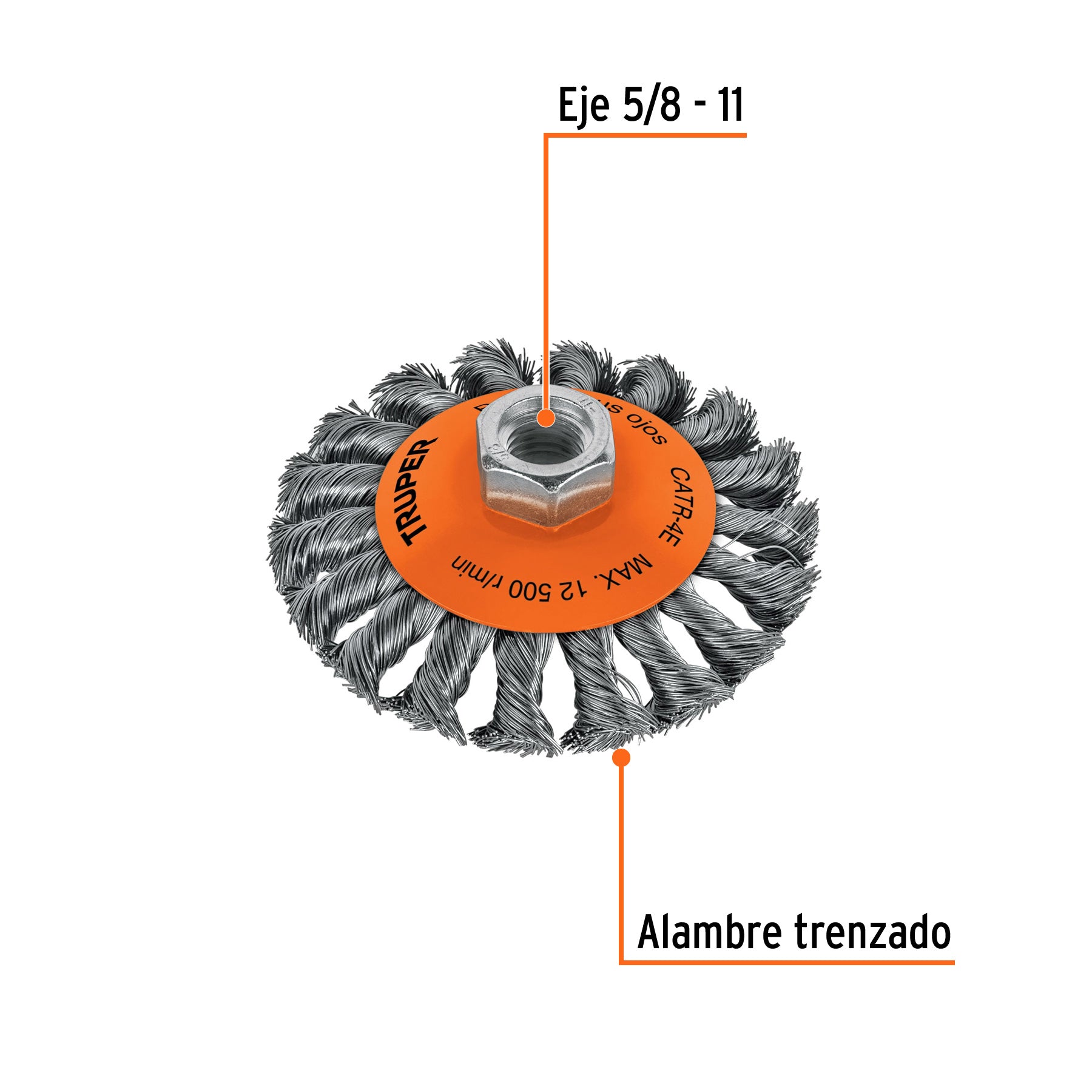 Carda tipo cónico 4" alambre trenzado, eje 5/8"-11, TRUPER