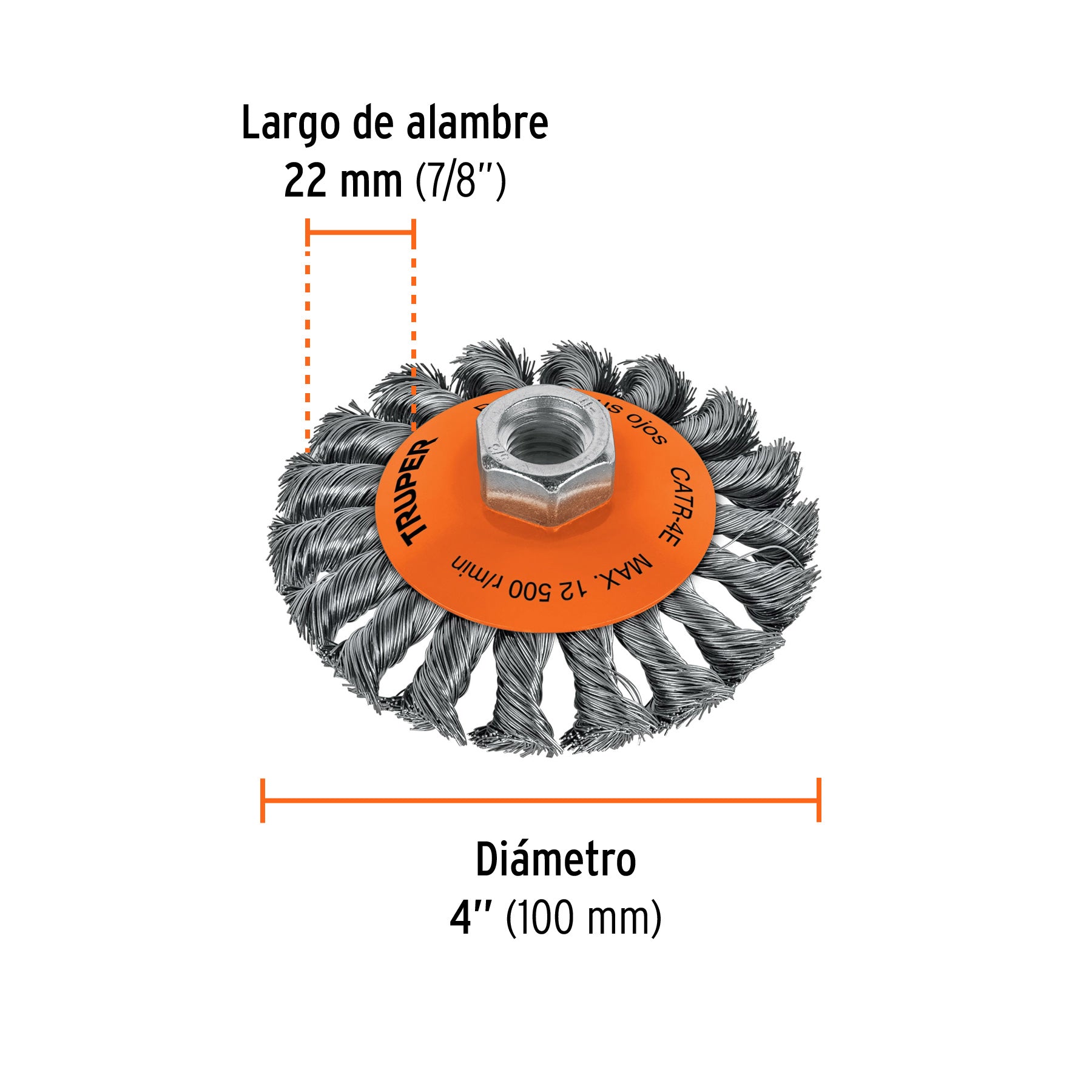 Carda tipo cónico 4" alambre trenzado, eje 5/8"-11, TRUPER