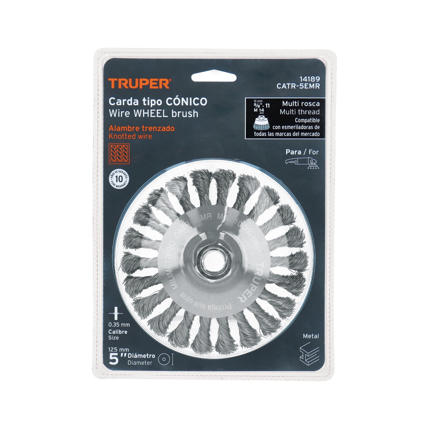 Carda tipo cónico 5" alambre trenzado, multi-rosca, TRUPER