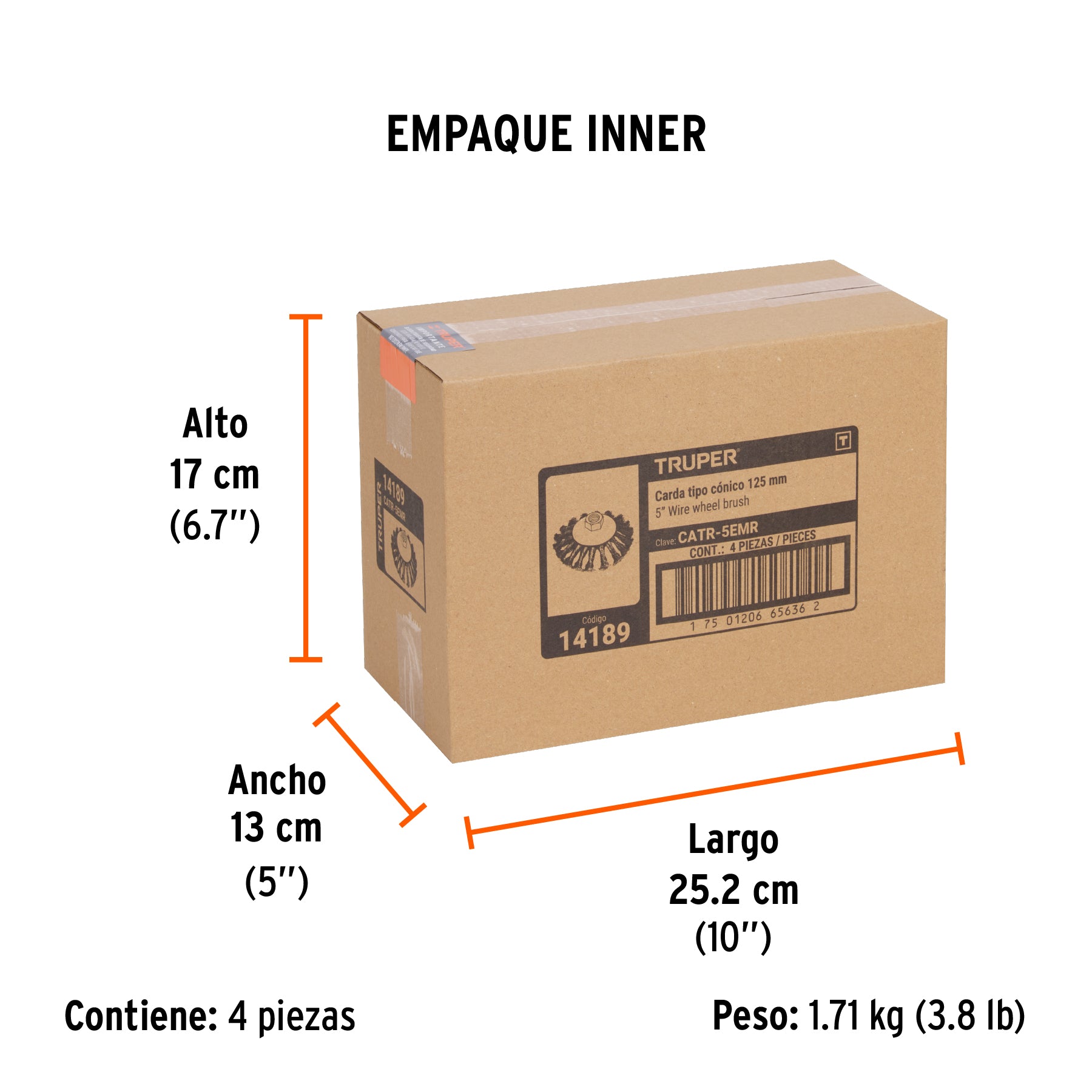 Carda tipo cónico 5" alambre trenzado, multi-rosca, TRUPER - Empaque