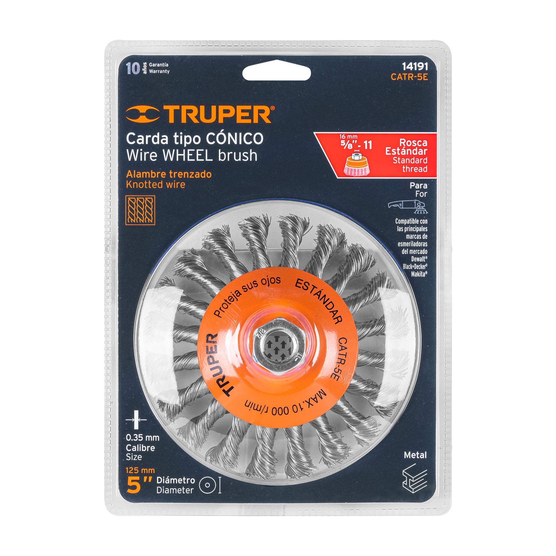 Carda tipo cónico 5" alambre trenzado, eje 5/8"-11, TRUPER