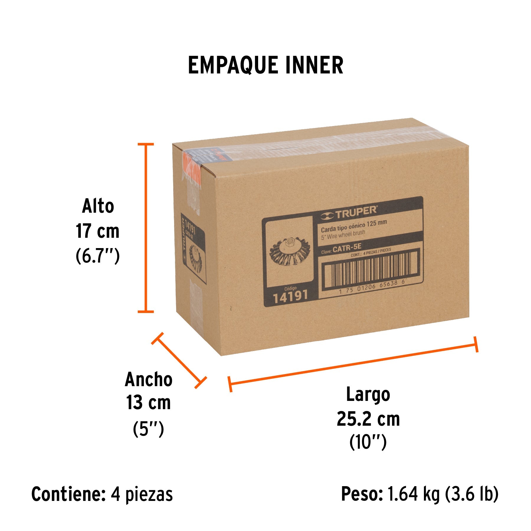 Carda tipo cónico 5" alambre trenzado, eje 5/8"-11, TRUPER - Empaque