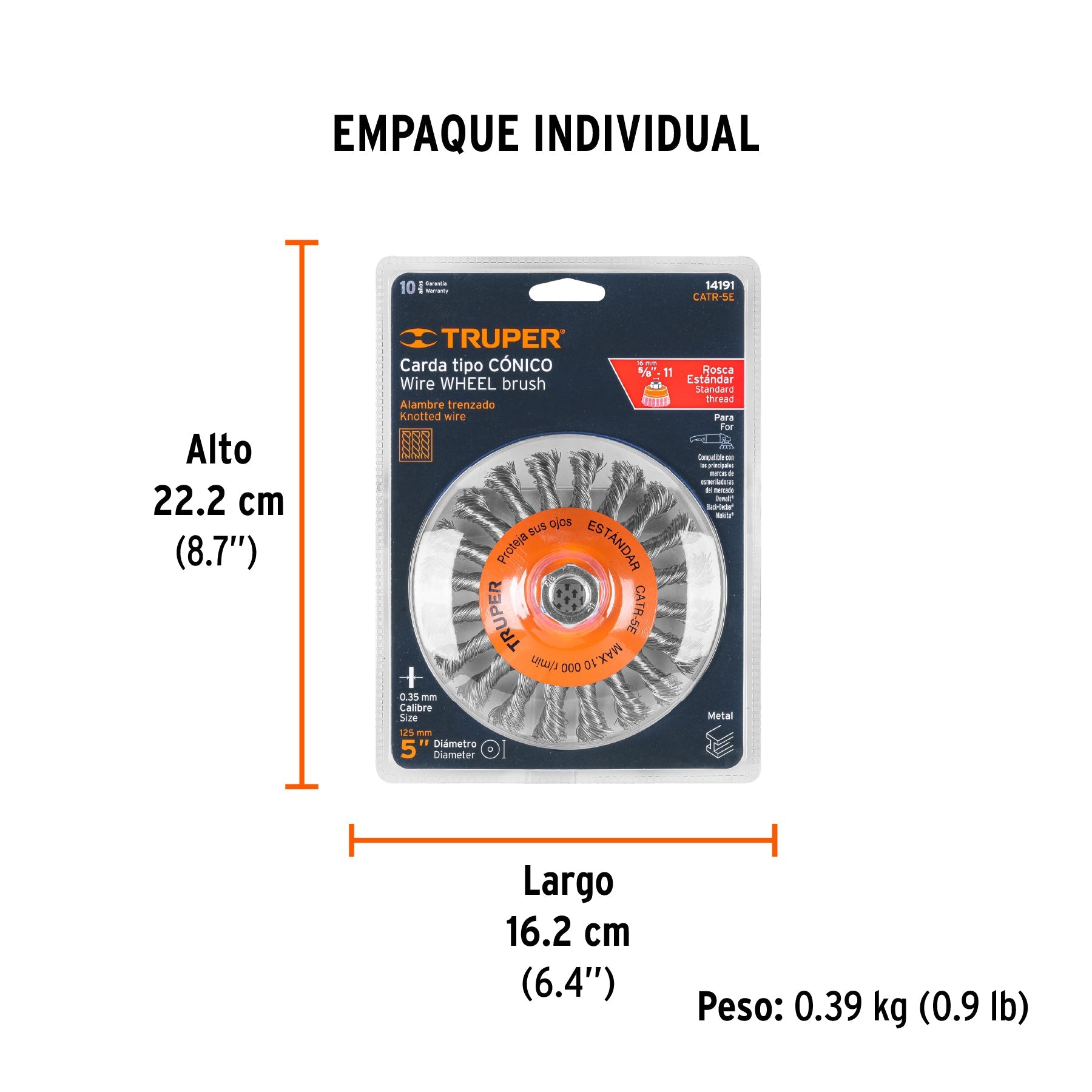 Carda tipo cónico 5" alambre trenzado, eje 5/8"-11, TRUPER - Empaque