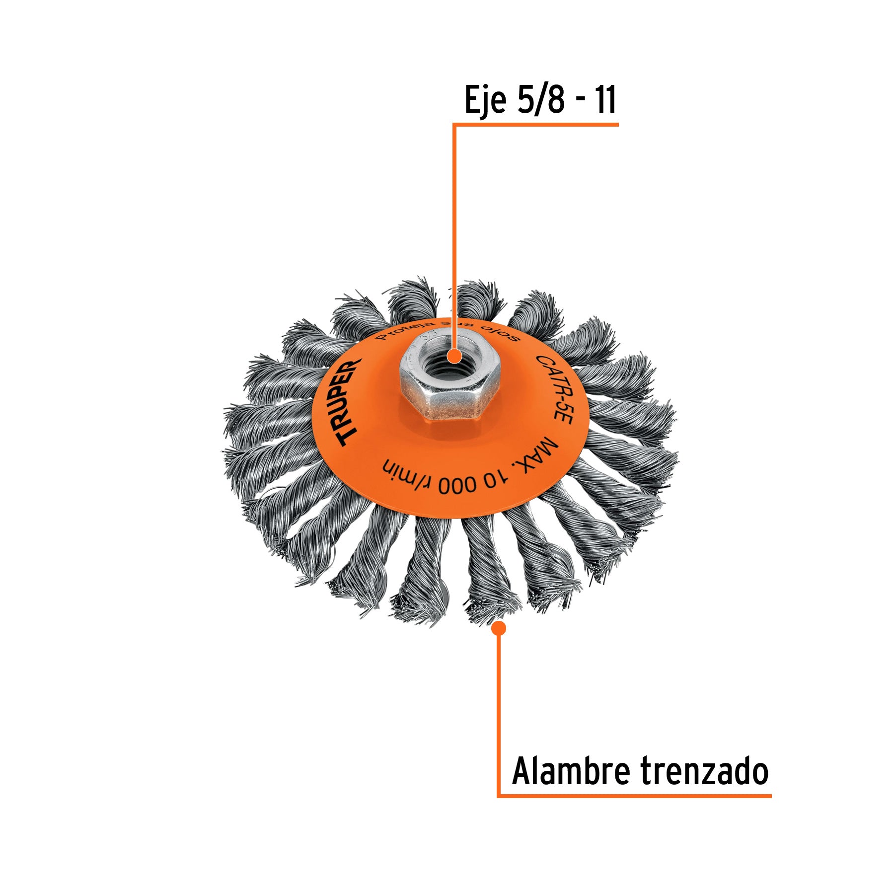 Carda tipo cónico 5" alambre trenzado, eje 5/8"-11, TRUPER