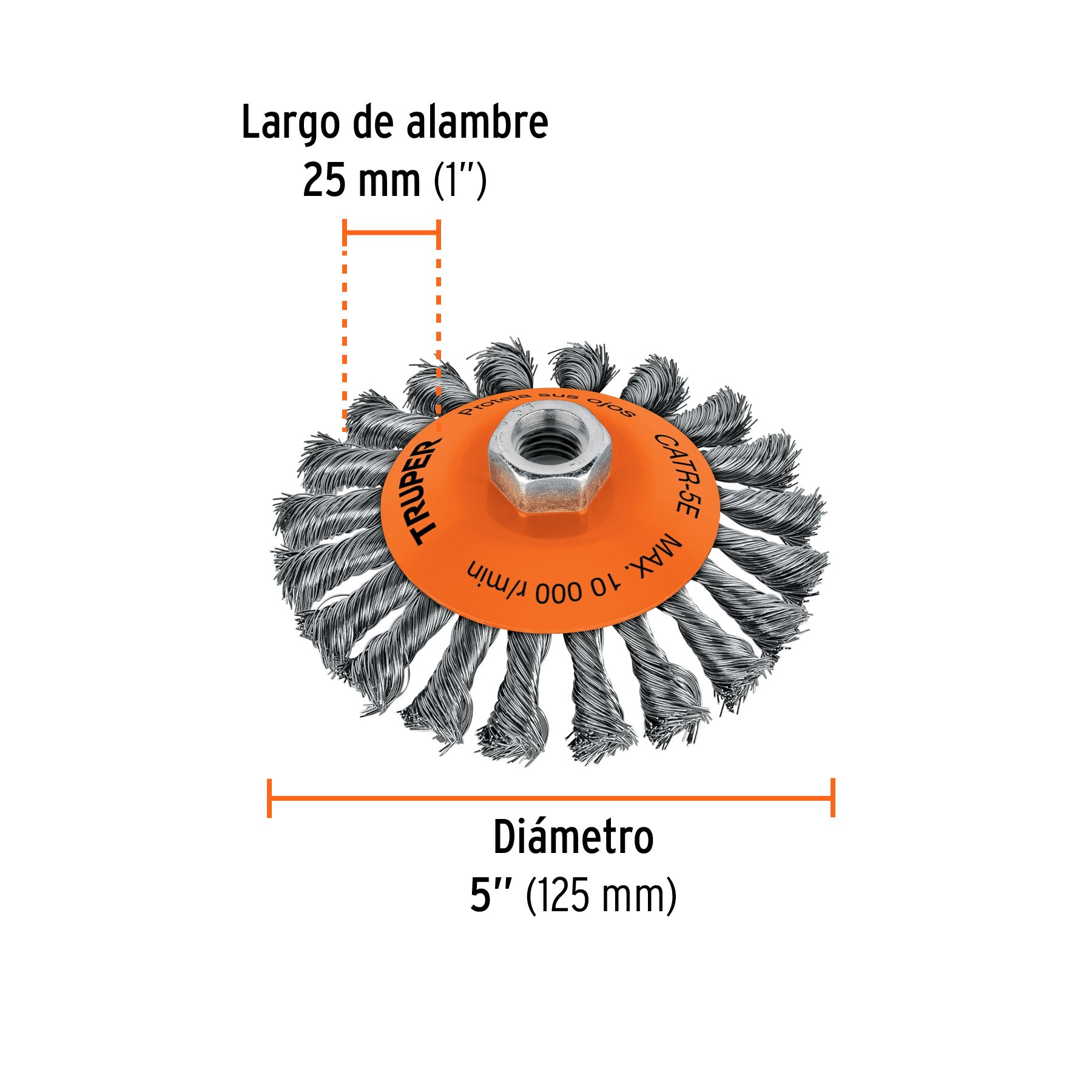 Carda tipo cónico 5" alambre trenzado, eje 5/8"-11, TRUPER