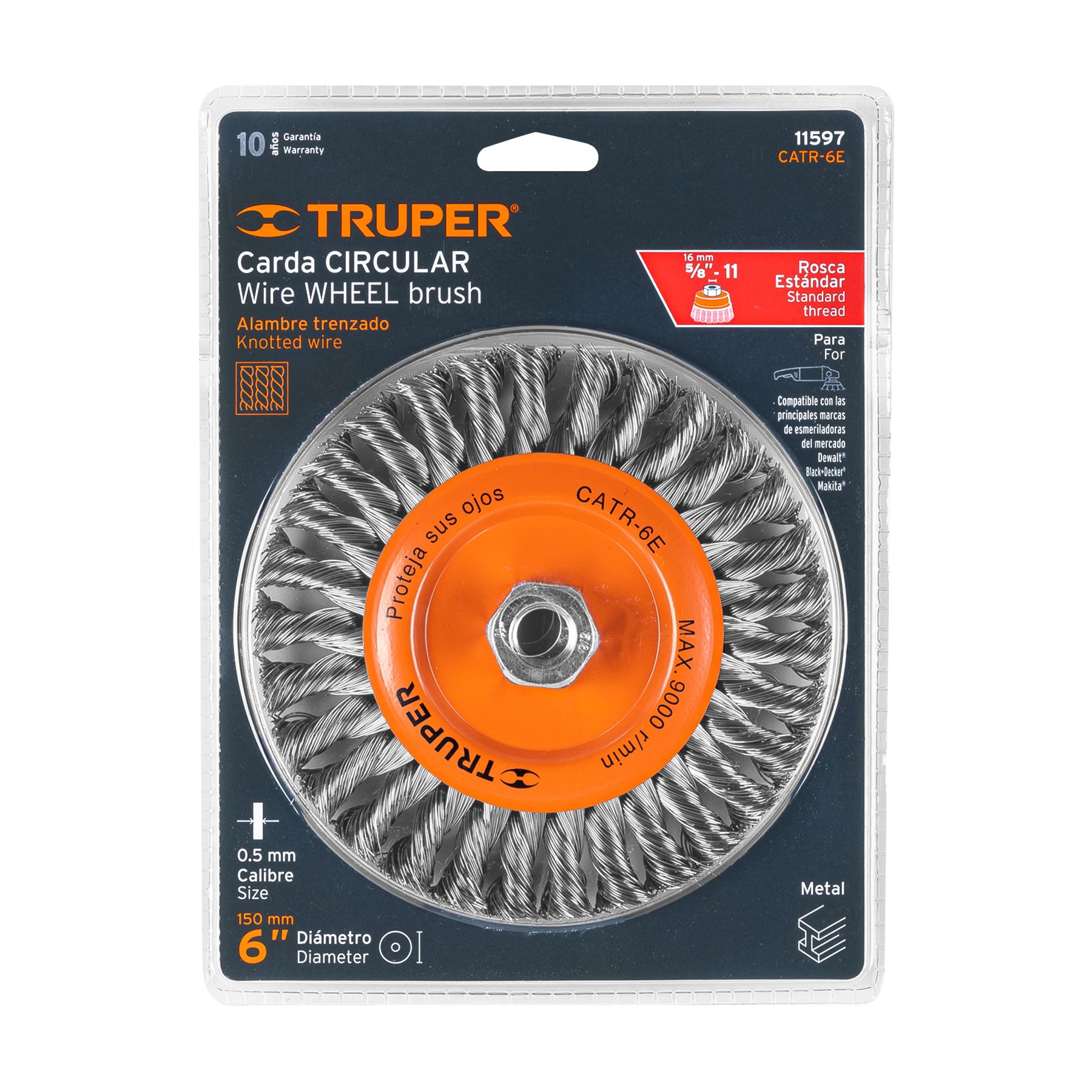 Carda circular 6" alambre trenzado, eje 5/8"-11, TRUPER
