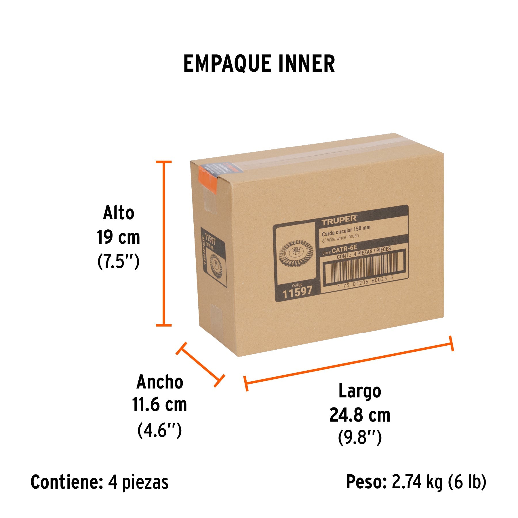 Carda circular 6" alambre trenzado, eje 5/8"-11, TRUPER - Empaque