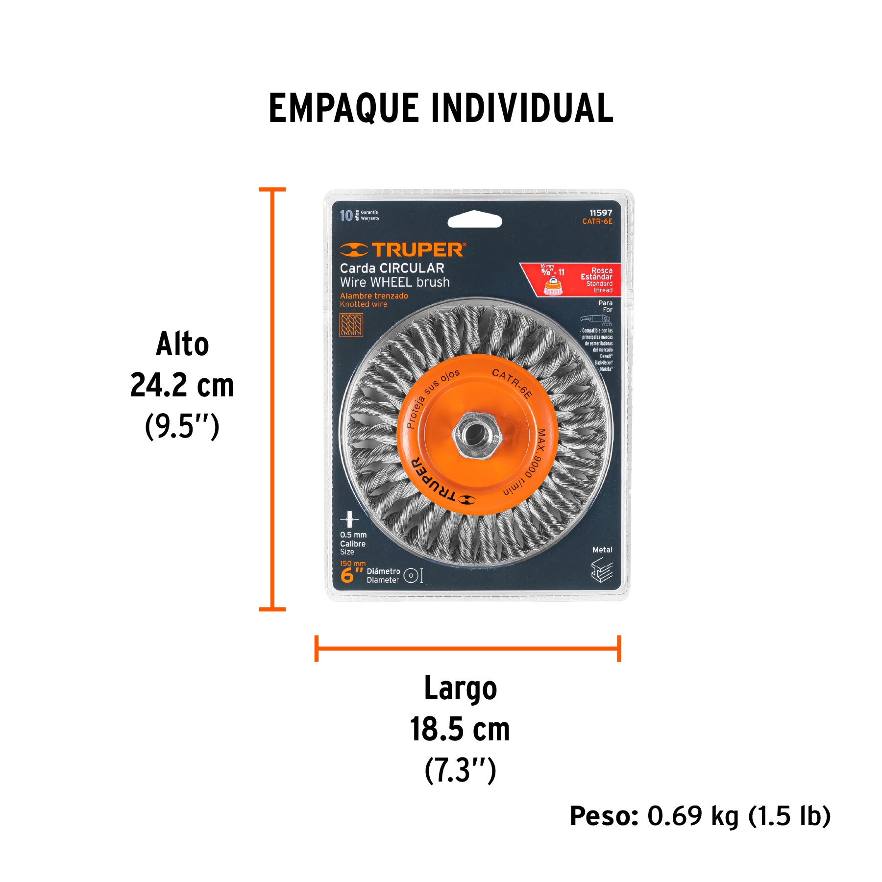 Carda circular 6" alambre trenzado, eje 5/8"-11, TRUPER - Empaque