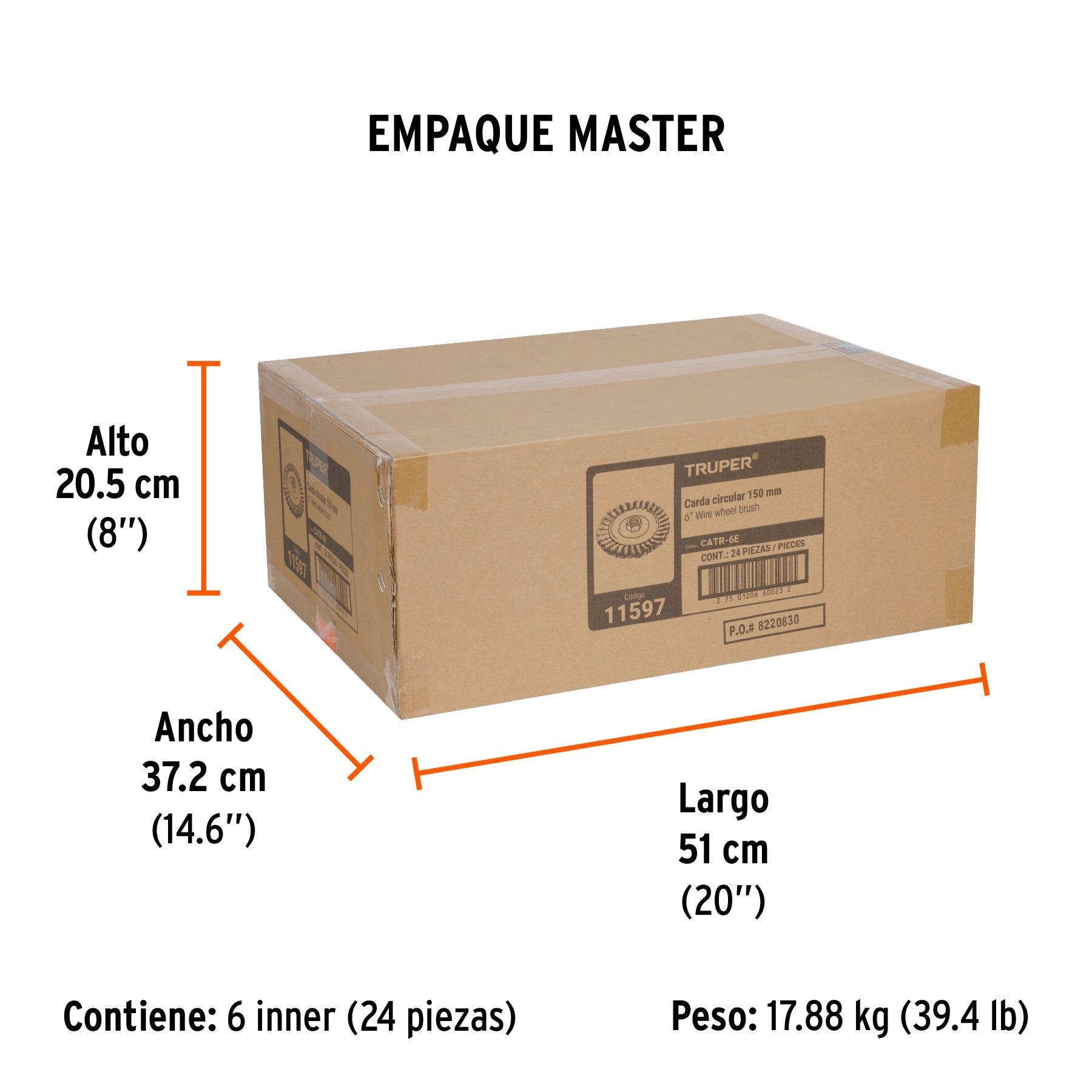 Carda circular 6" alambre trenzado, eje 5/8"-11, TRUPER - Empaque