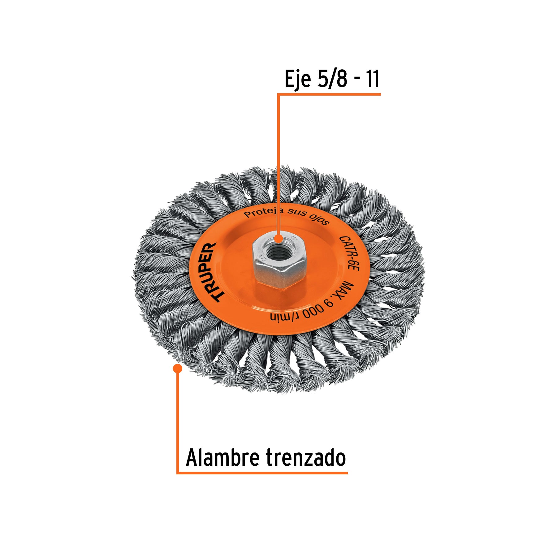 Carda circular 6" alambre trenzado, eje 5/8"-11, TRUPER