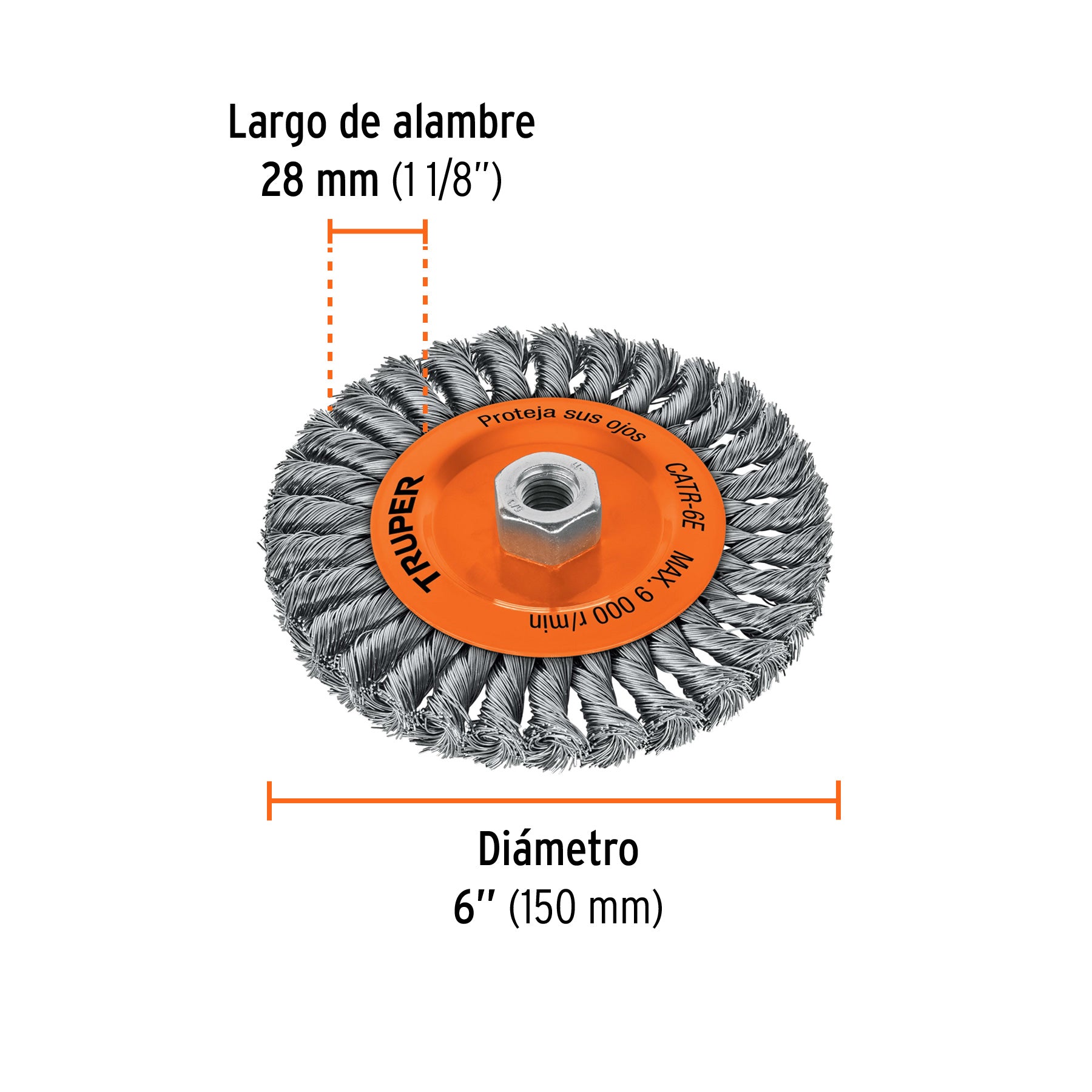 Carda circular 6" alambre trenzado, eje 5/8"-11, TRUPER