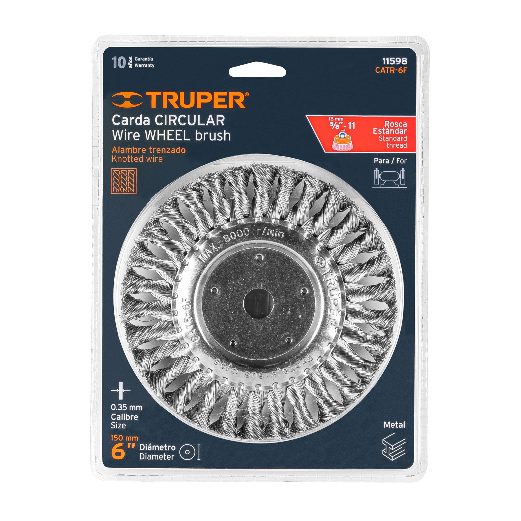 Carda trenzado fino 6" x 5/8" para esmeril, TRUPER