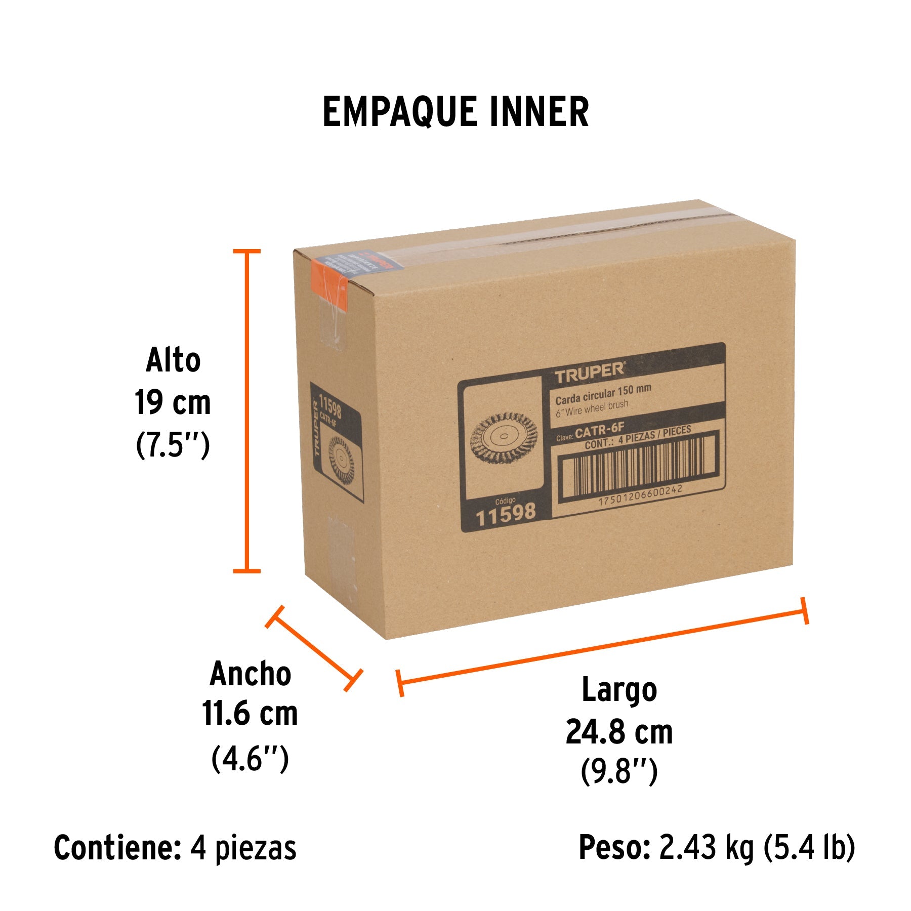 Carda trenzado fino 6" x 5/8" para esmeril, TRUPER - Empaque