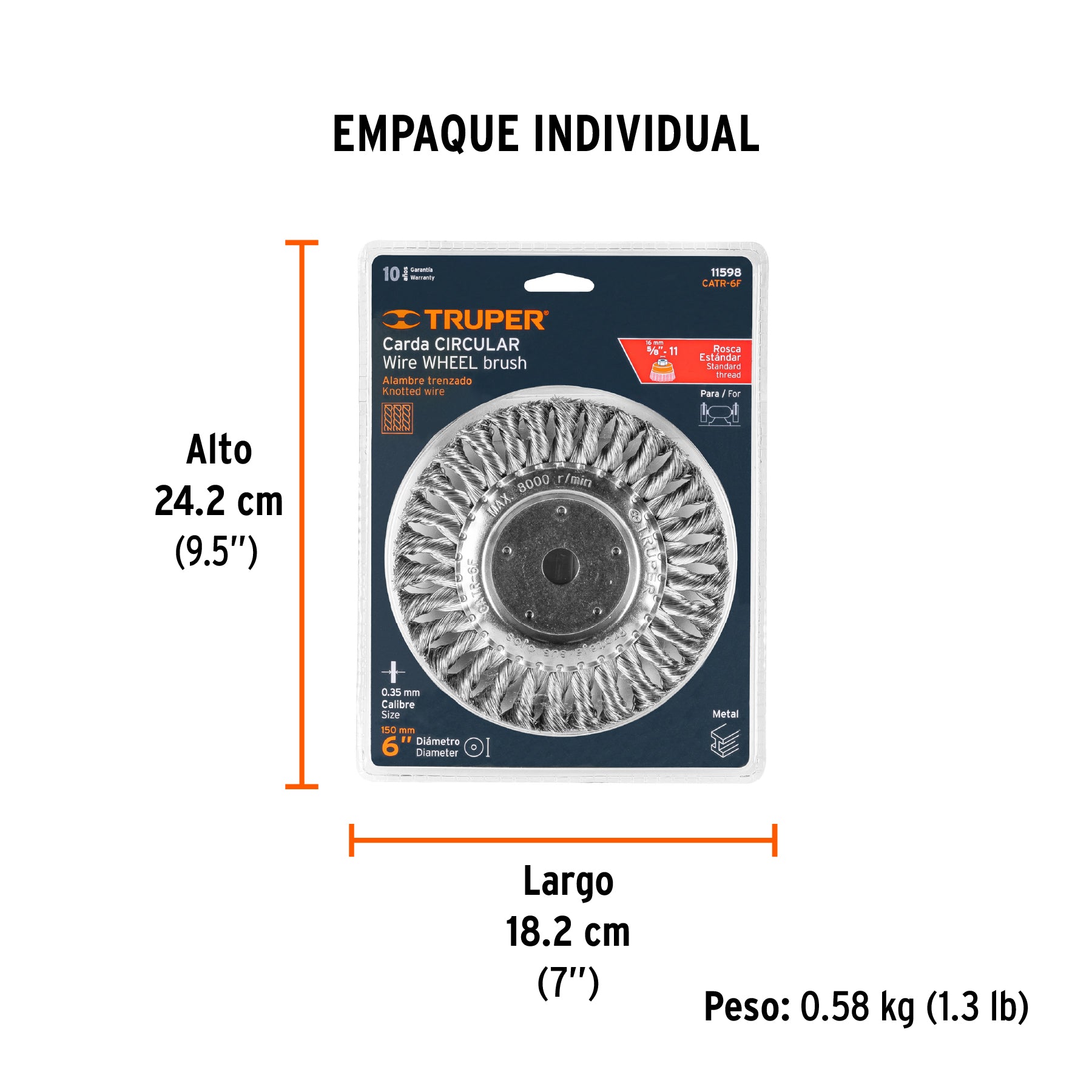Carda trenzado fino 6" x 5/8" para esmeril, TRUPER - Empaque