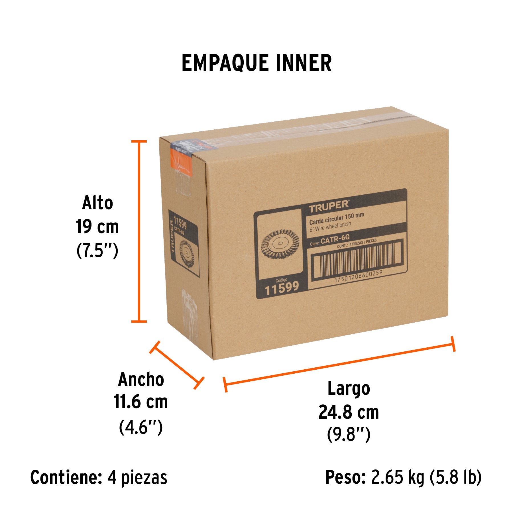 Carda trenzado grueso 6" x 5/8" para esmeril, TRUPER - Empaque