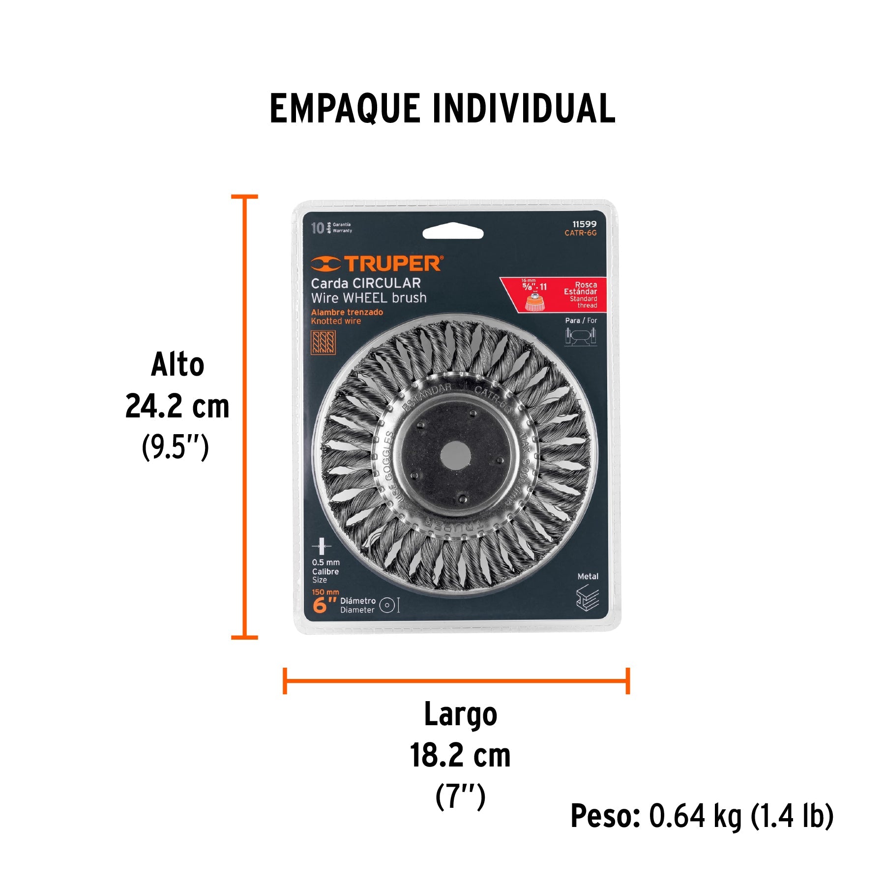 Carda trenzado grueso 6" x 5/8" para esmeril, TRUPER - Empaque