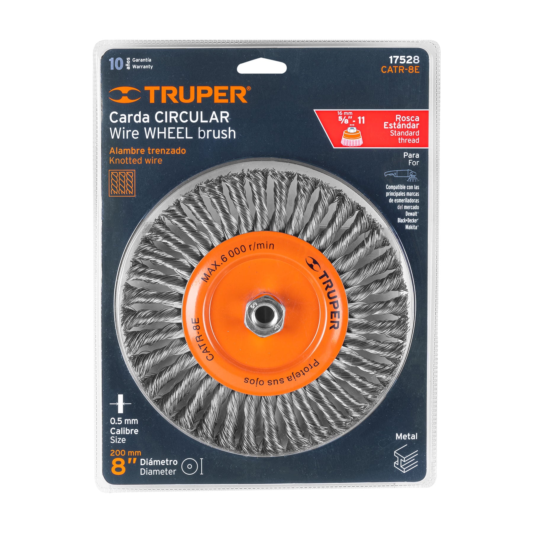 Carda circular 8" alambre trenzado, eje 5/8"-11, TRUPER