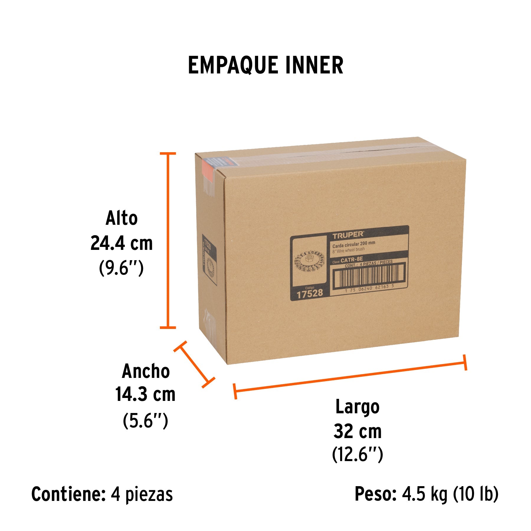 Carda circular 8" alambre trenzado, eje 5/8"-11, TRUPER - Empaque