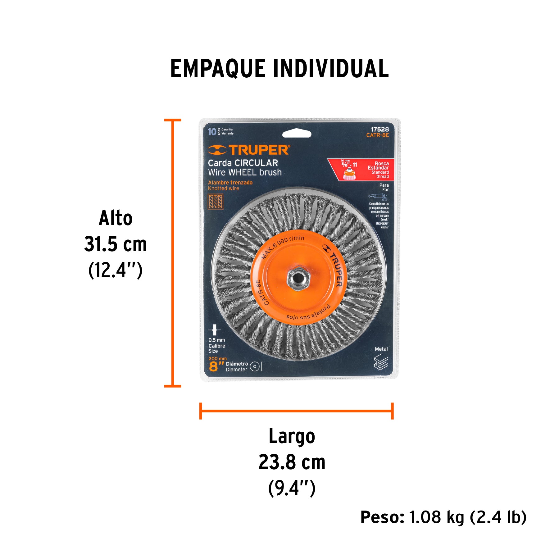 Carda circular 8" alambre trenzado, eje 5/8"-11, TRUPER - Empaque