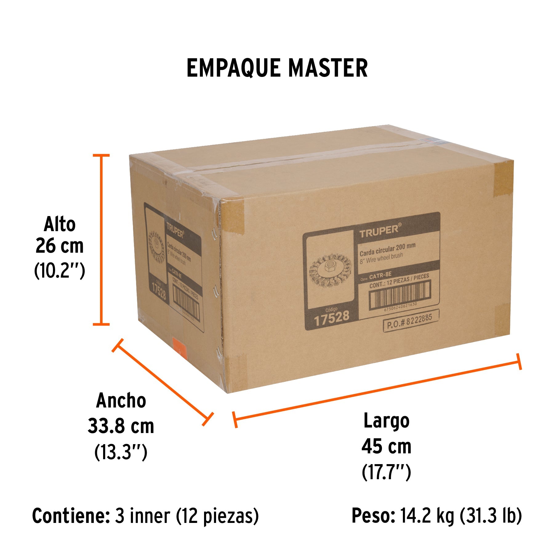 Carda circular 8" alambre trenzado, eje 5/8"-11, TRUPER - Empaque