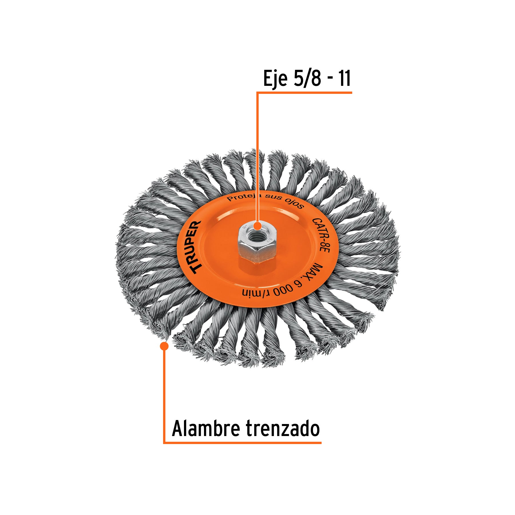 Carda circular 8" alambre trenzado, eje 5/8"-11, TRUPER