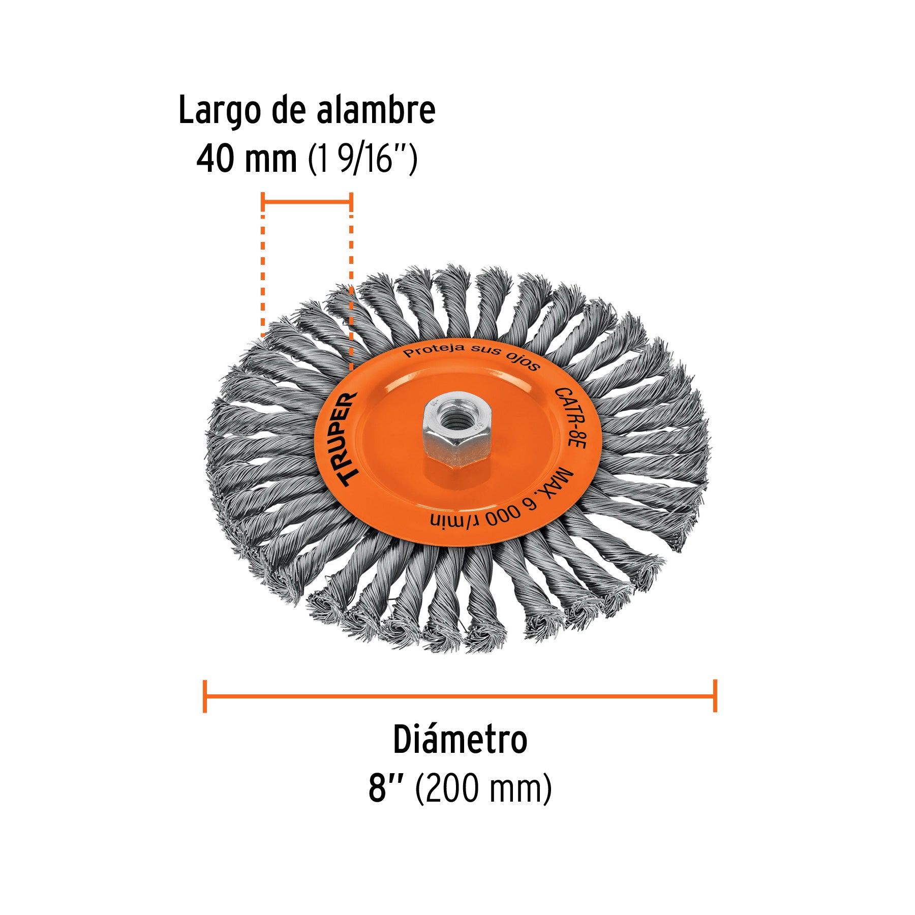 Carda circular 8" alambre trenzado, eje 5/8"-11, TRUPER