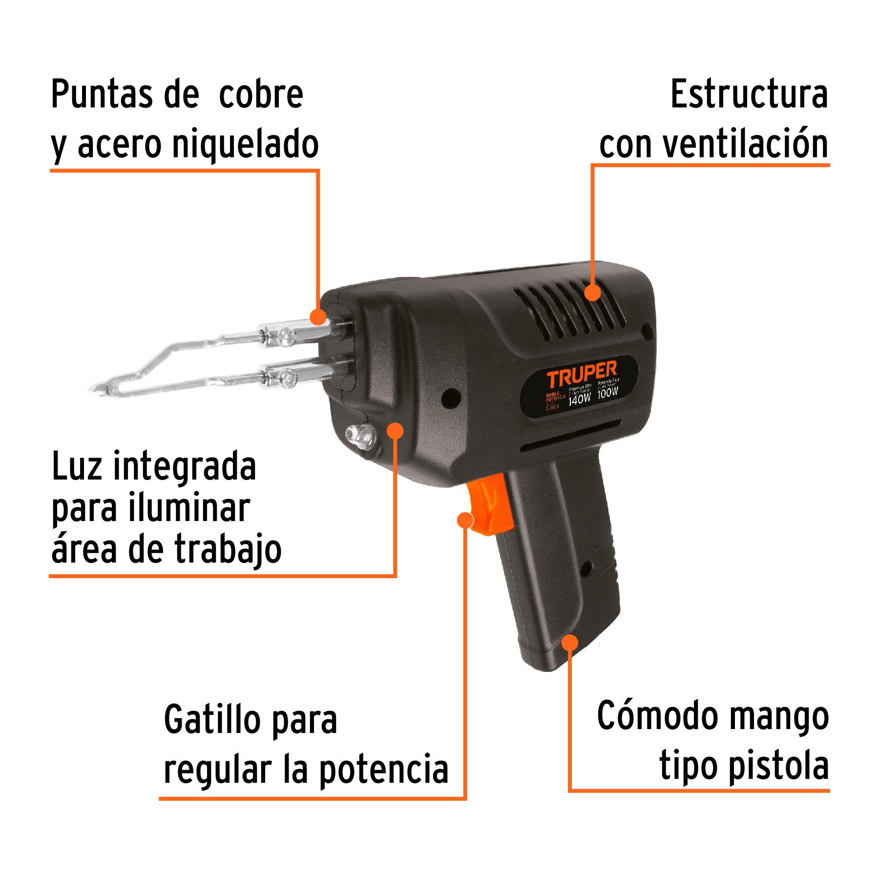 Cautín 140 W tipo pistola con 2 temperaturas, TRUPER