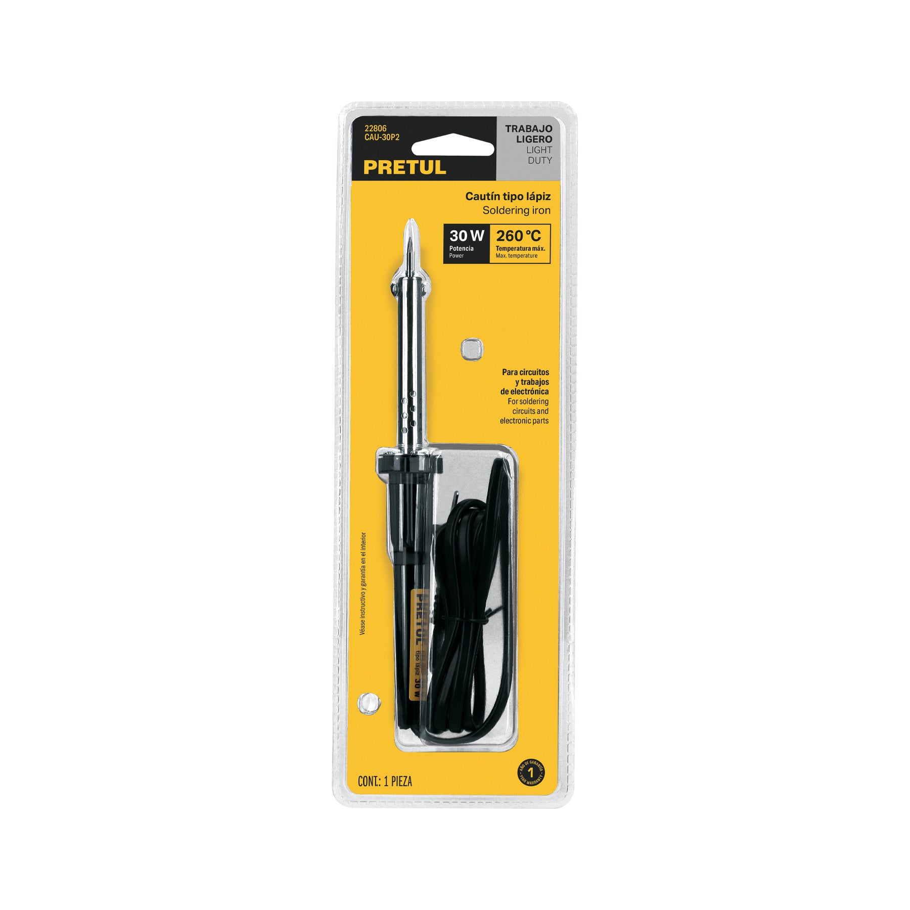 Cautín 30 W tipo lápiz para trabajo ligero, PRETUL