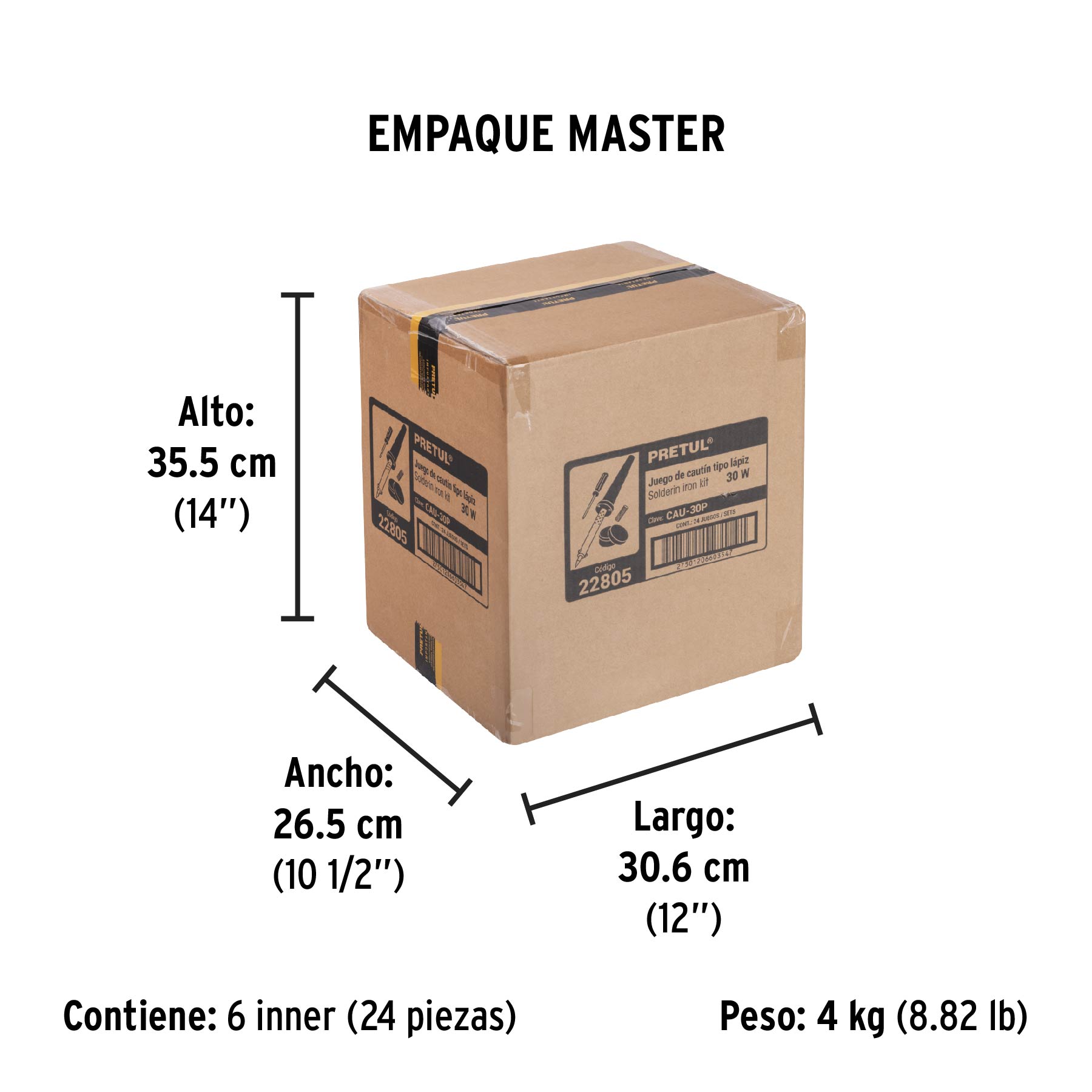 Cautín 30 W tipo lápiz con accesorios trabajo ligero, PRETUL - Empaque