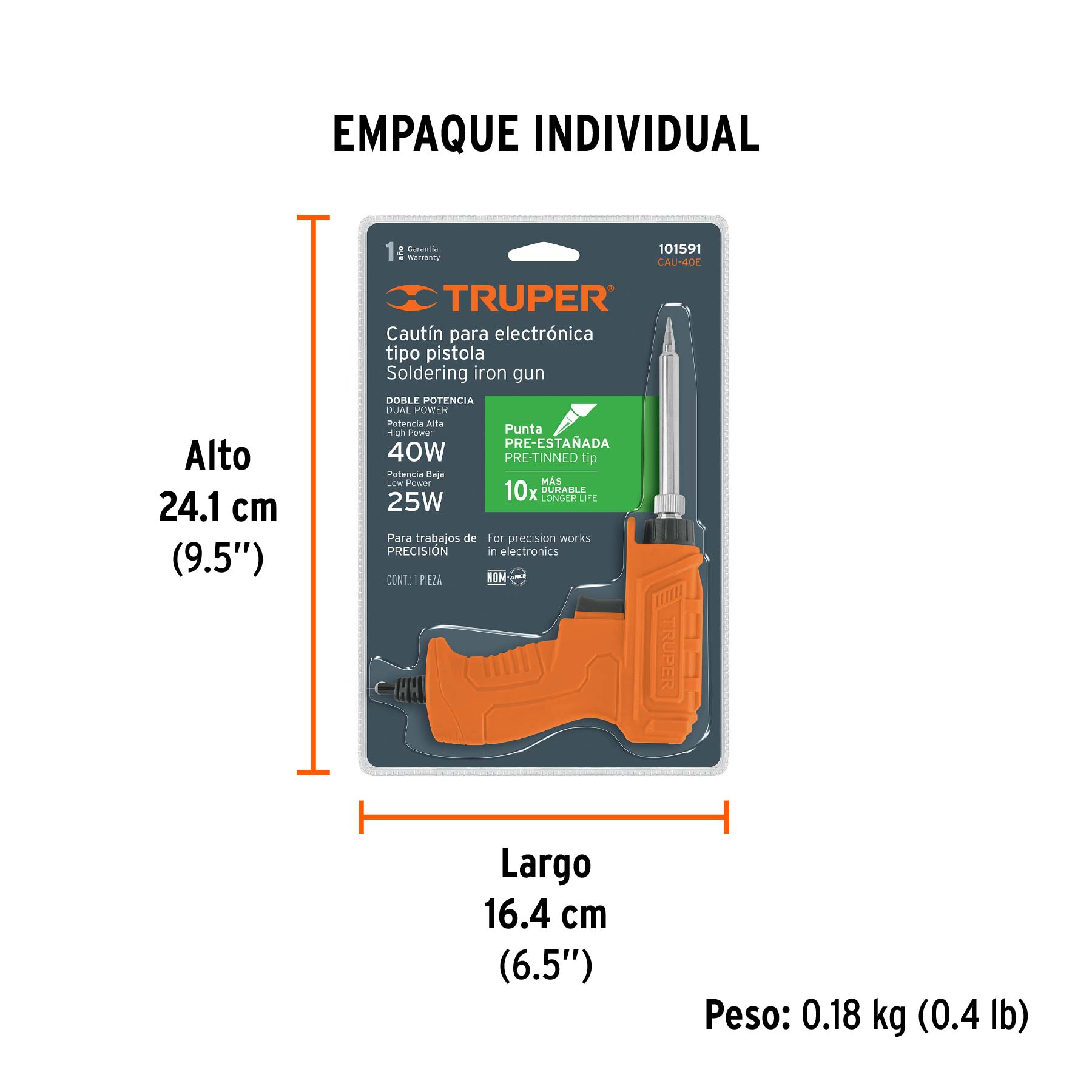 Cautín 40 W profesional tipo pistola para electrónica - Empaque