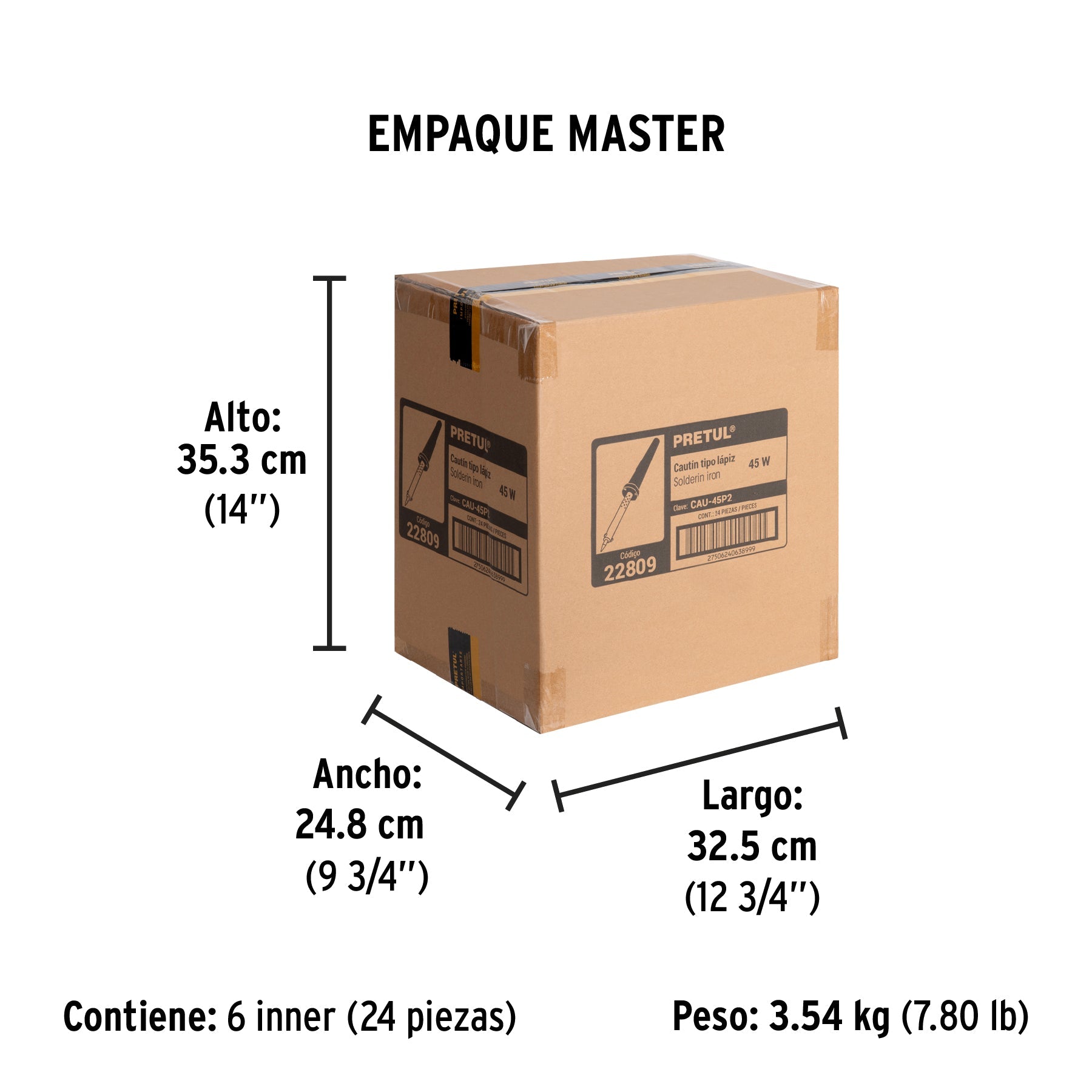Cautín 45 W tipo lápiz para trabajo medio, PRETUL - Empaque