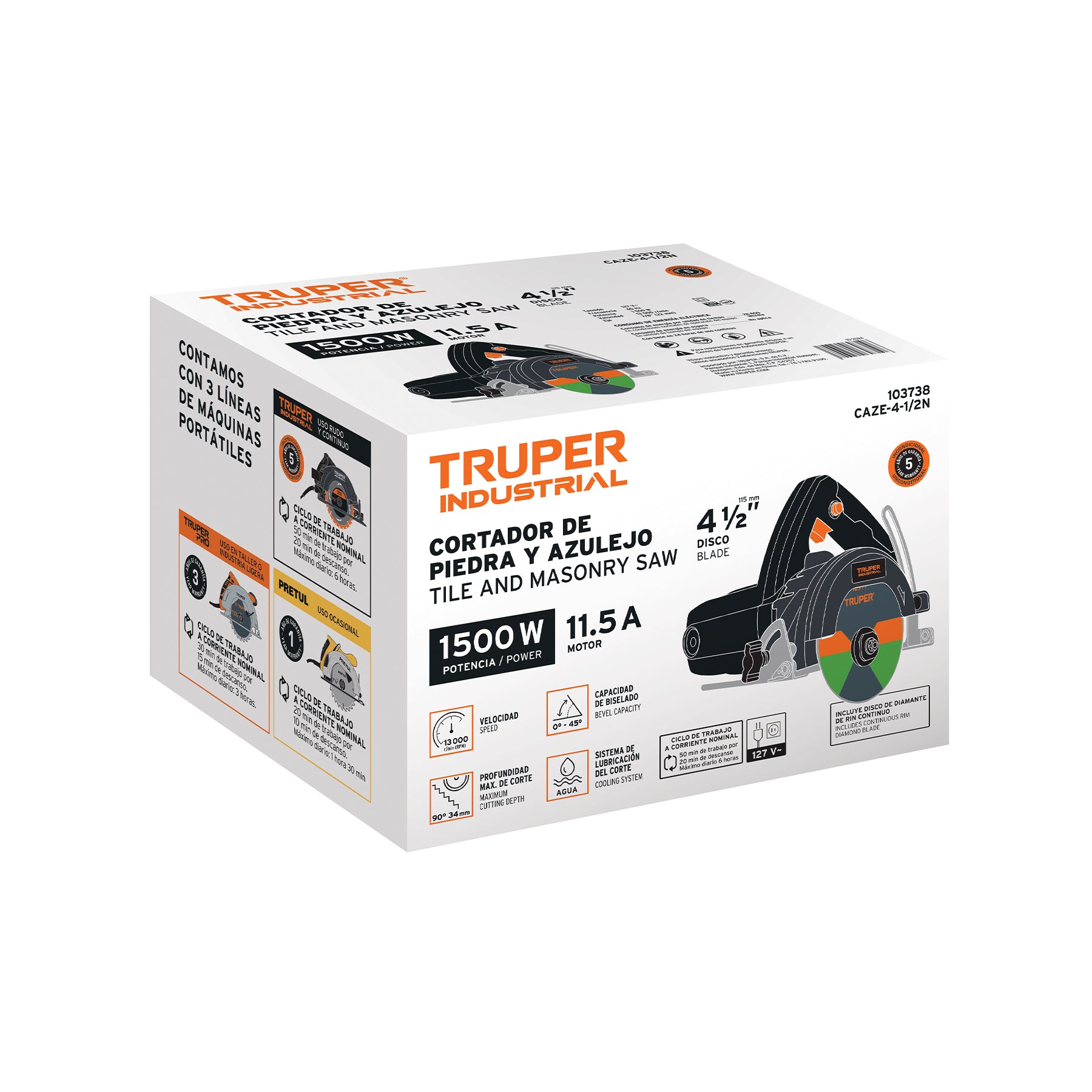 Cortadora para azulejos, 4-1/2", 1500W, TRUPER INDUSTRIAL