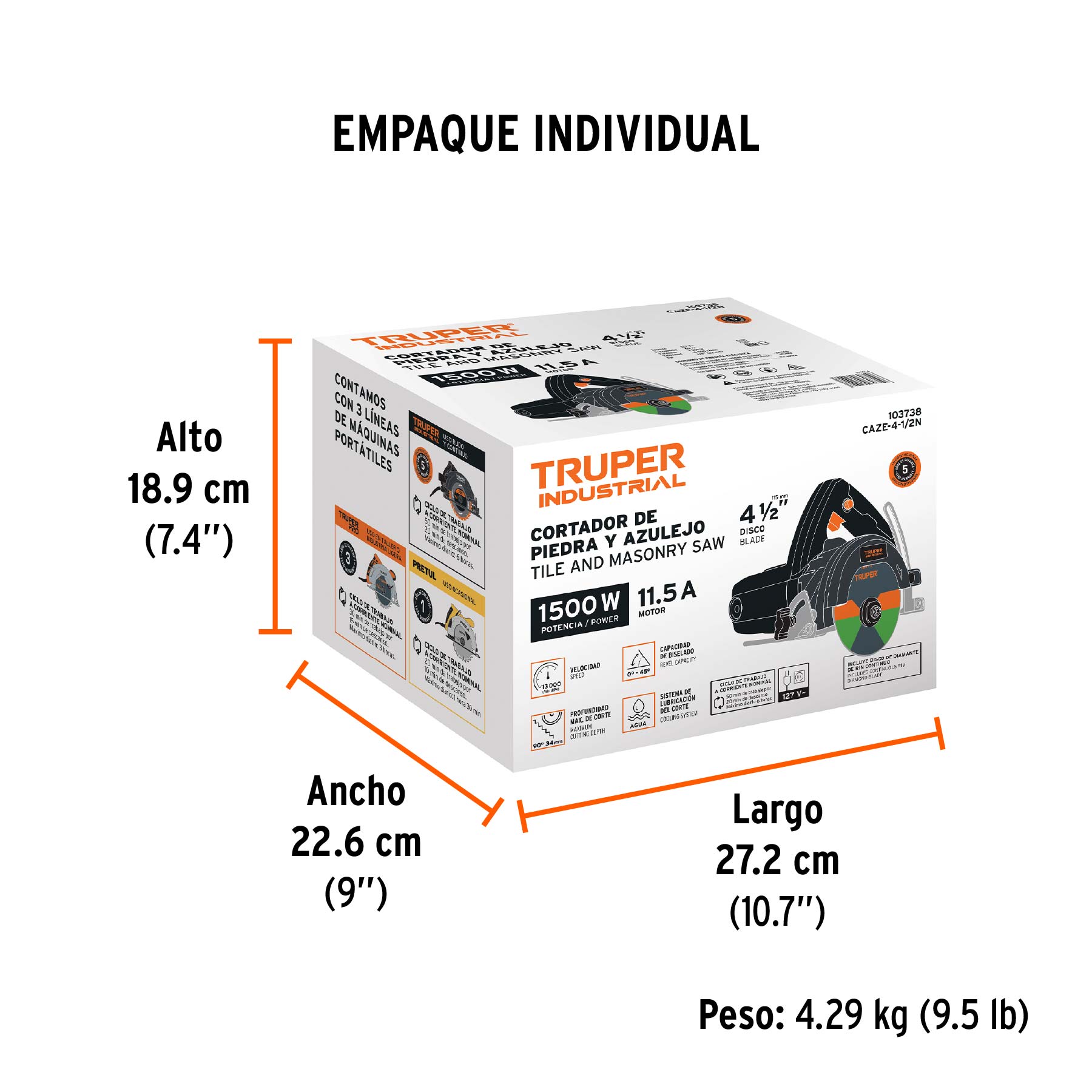 Cortadora para azulejos, 4-1/2", 1500W, TRUPER INDUSTRIAL - Empaque