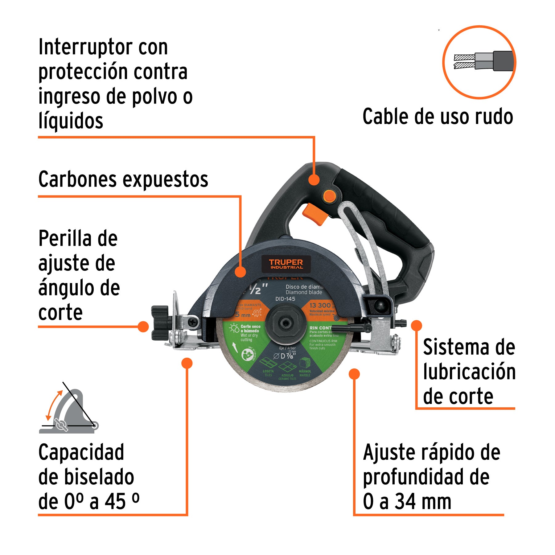 Cortadora para azulejos, 4-1/2", 1500W, TRUPER INDUSTRIAL