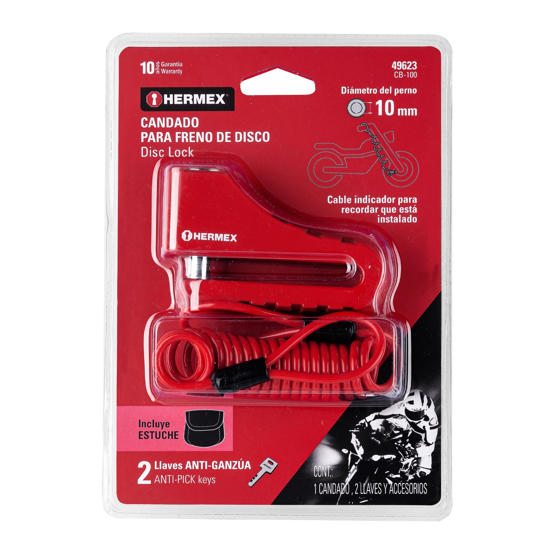 Candado freno de disco motocicleta, 10 mm, llave de disco