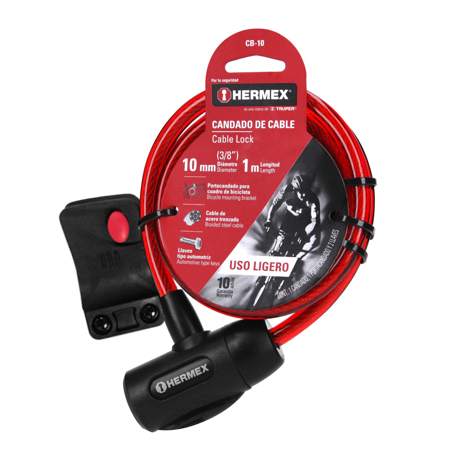 Candado de cable con llave, 10 mm X 1.0 m, HERMEX