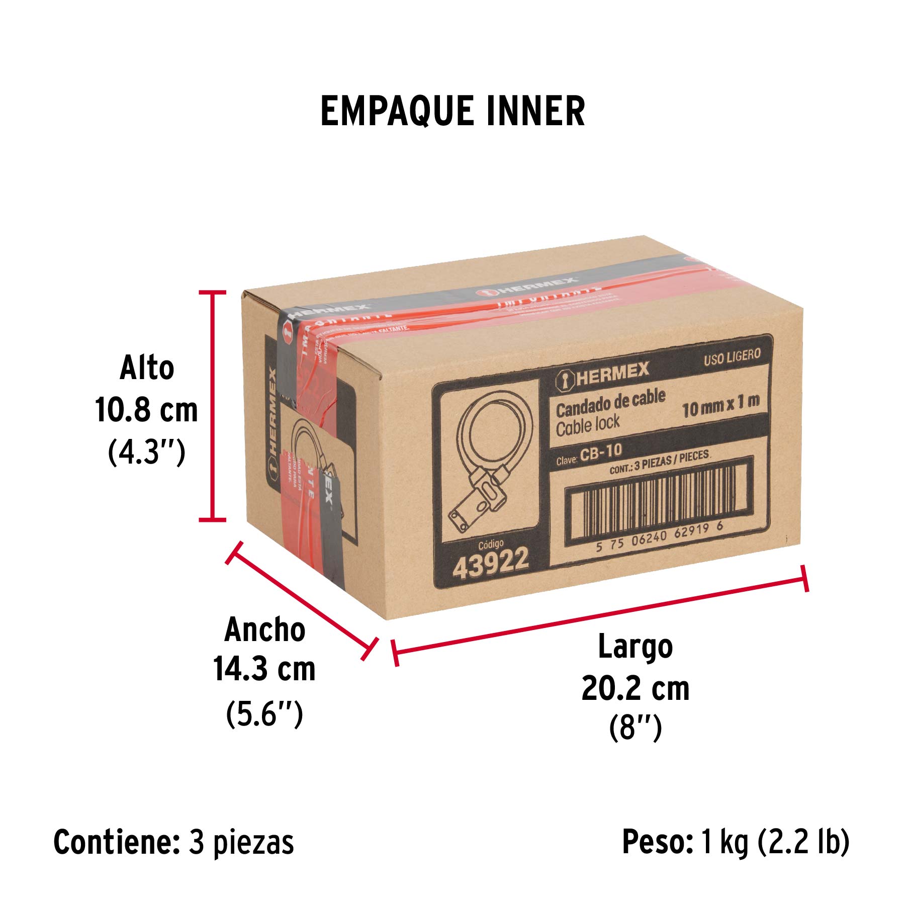 Candado de cable con llave, 10 mm X 1.0 m, HERMEX - Empaque