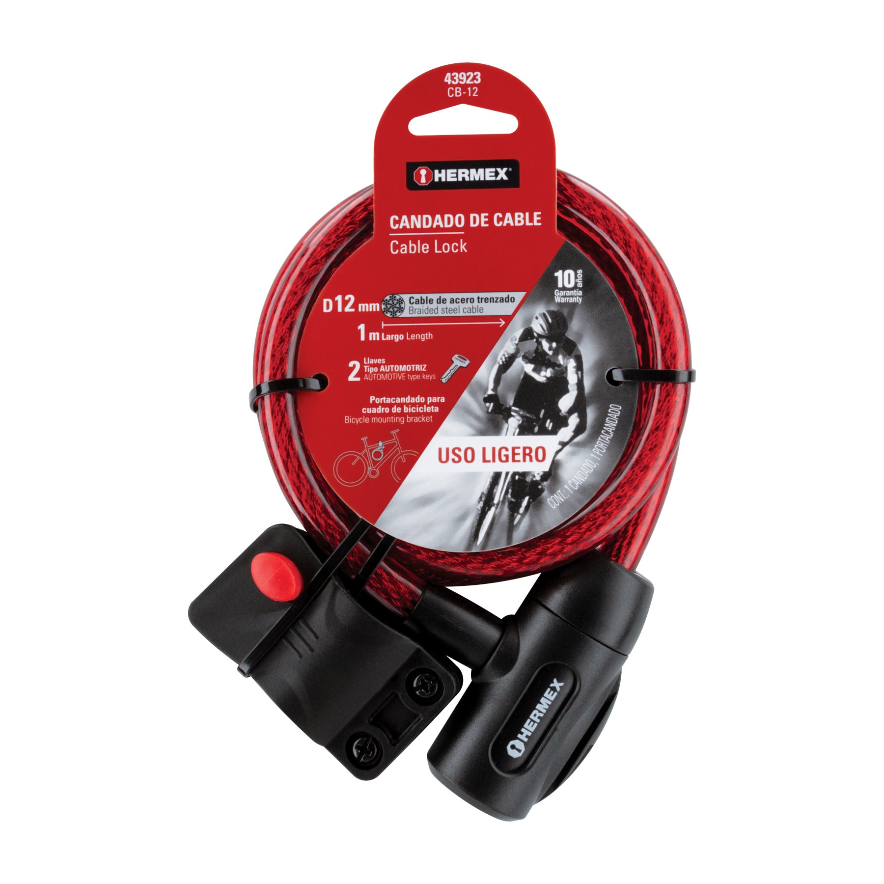 Candado de cable con llave, 12 mm X 1.0 m, HERMEX