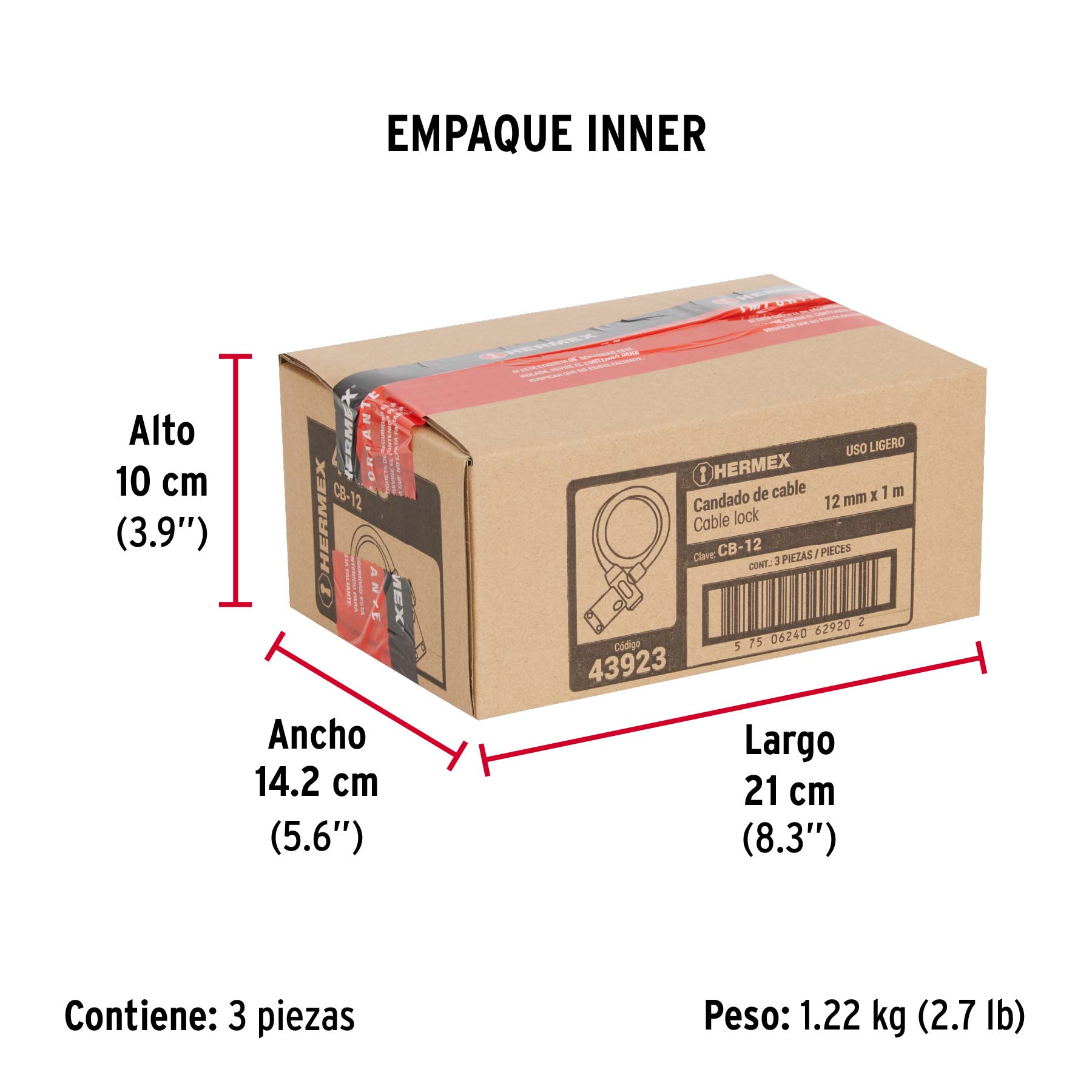 Candado de cable con llave, 12 mm X 1.0 m, HERMEX - Empaque